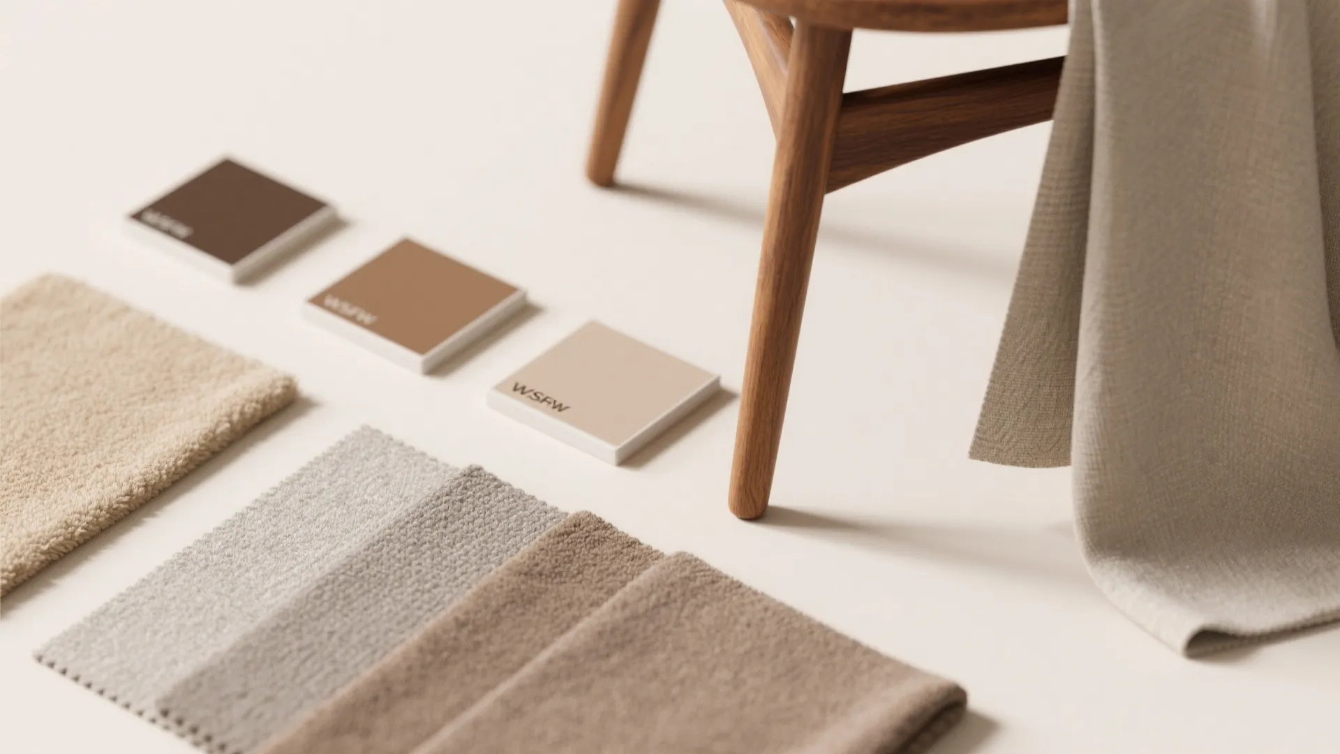 Material samples and fabric swatches arranged on a white floor next to a wooden stool