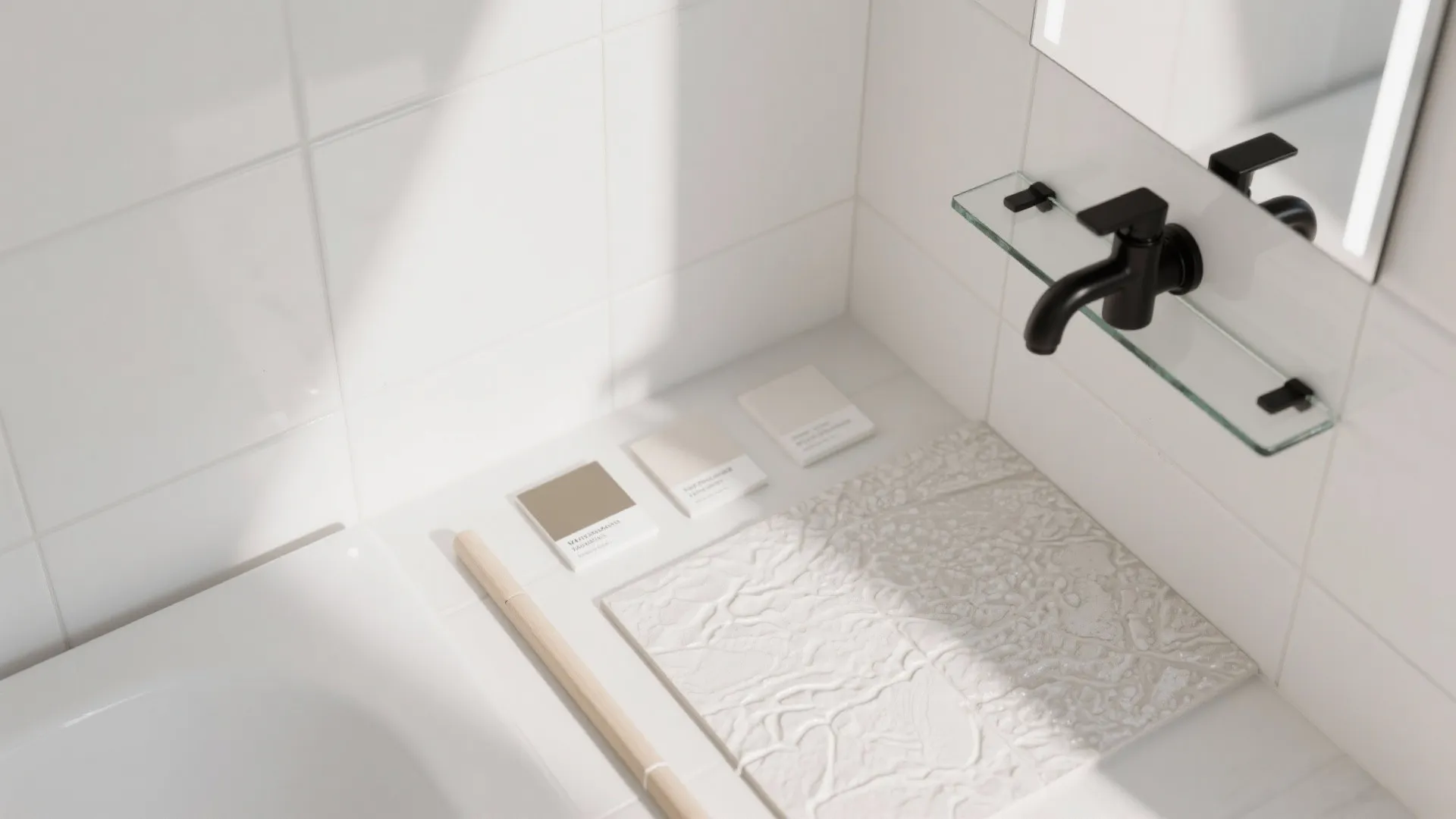 Bathroom design mood board with white wall tiles black water tap mirror and various material samples