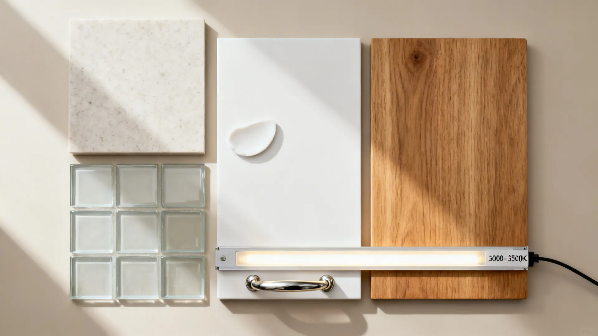 Flat lay of pale quartz, satin glass, satin white lacquer, oak veneer, and warm LED strip.