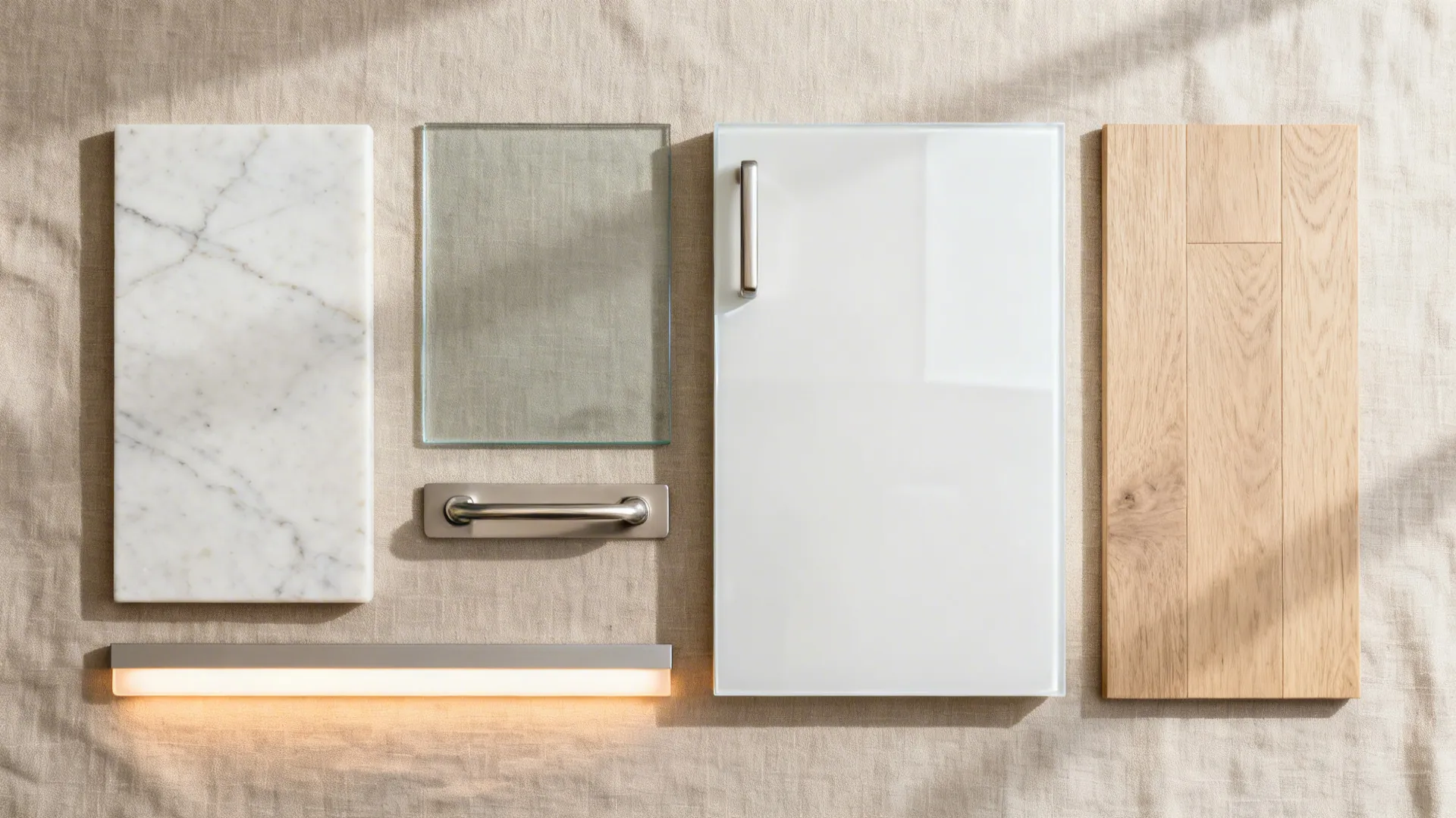 Materials board with warm white quartz, low-iron glass, glossy cabinet front, and pale oak flooring.