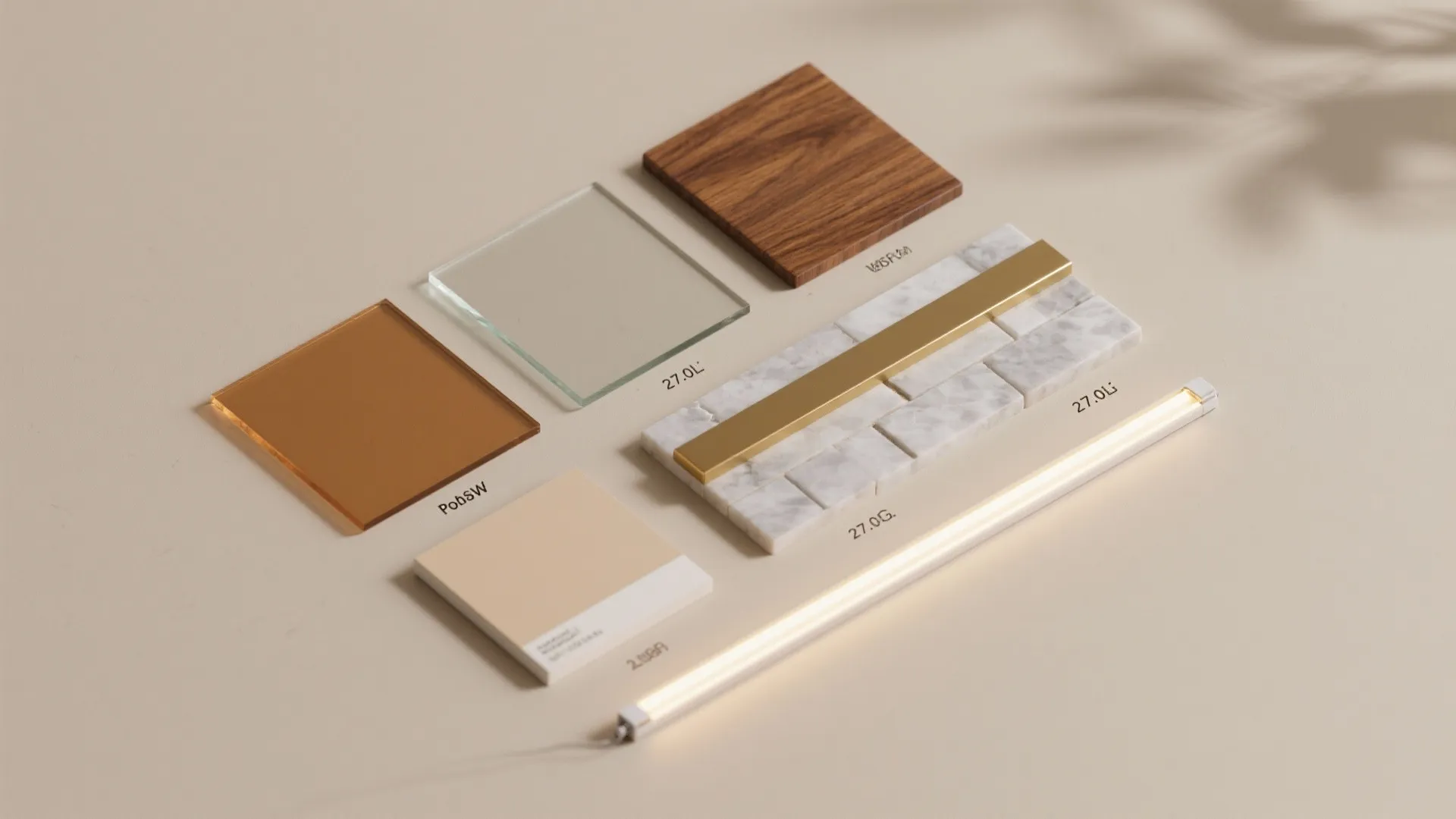 Collection of interior design materials including wood glass marble tiles gold metal and light fixture