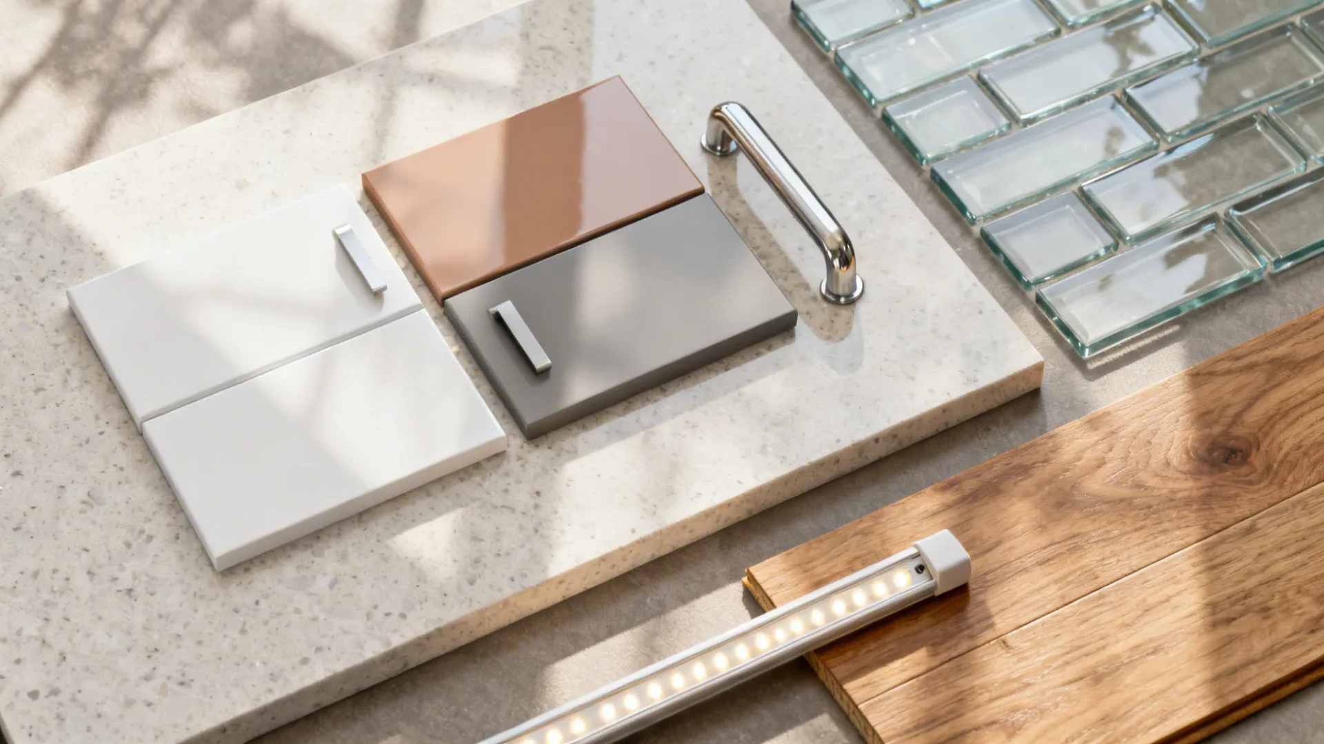 Flat lay of pale quartz, glass tile, cabinet finishes, and LED strip.