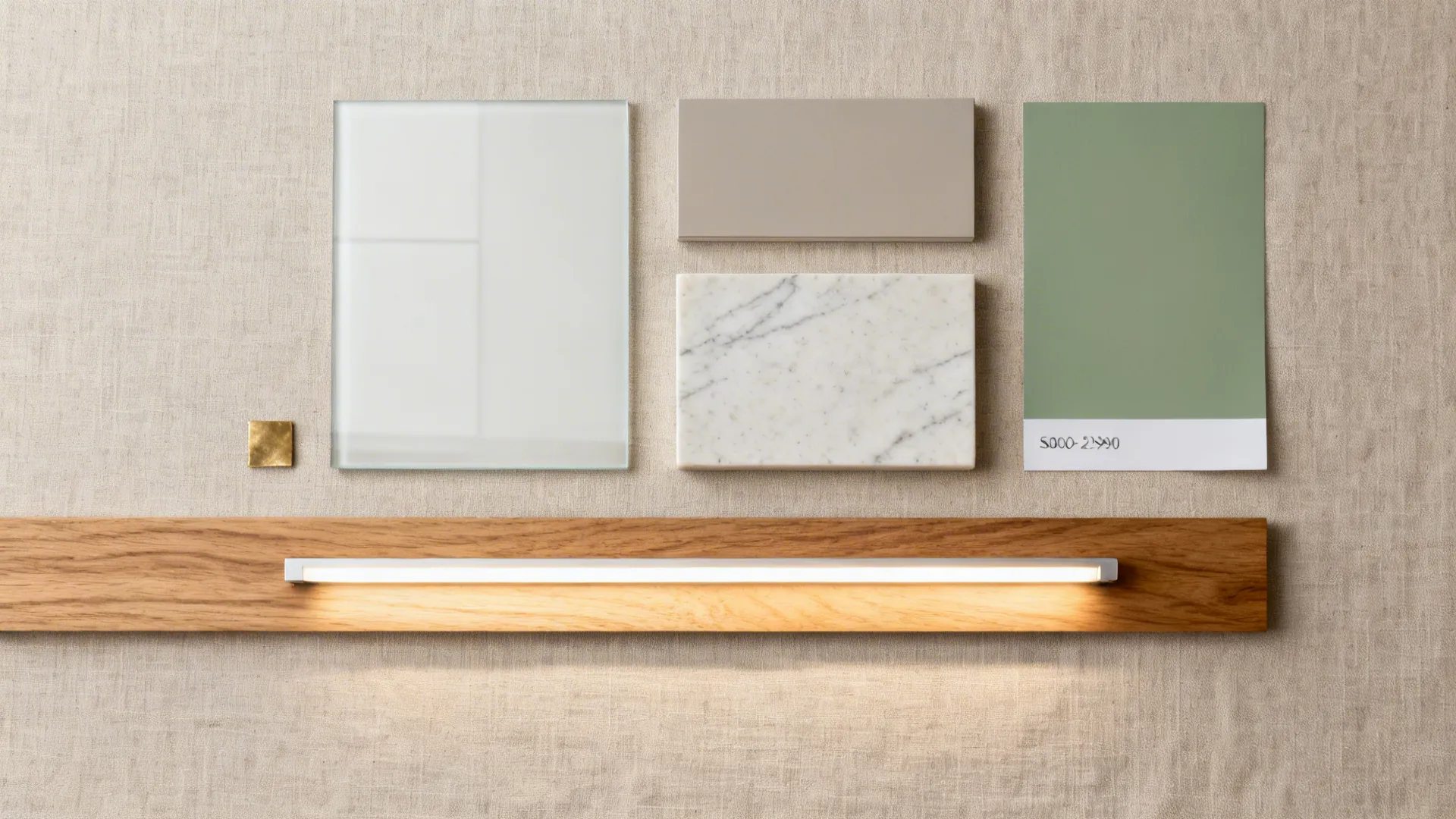 Flat lay of back-painted glass, satin cabinet lacquer, light quartz, oak veneer, LED strip, and brass accent.