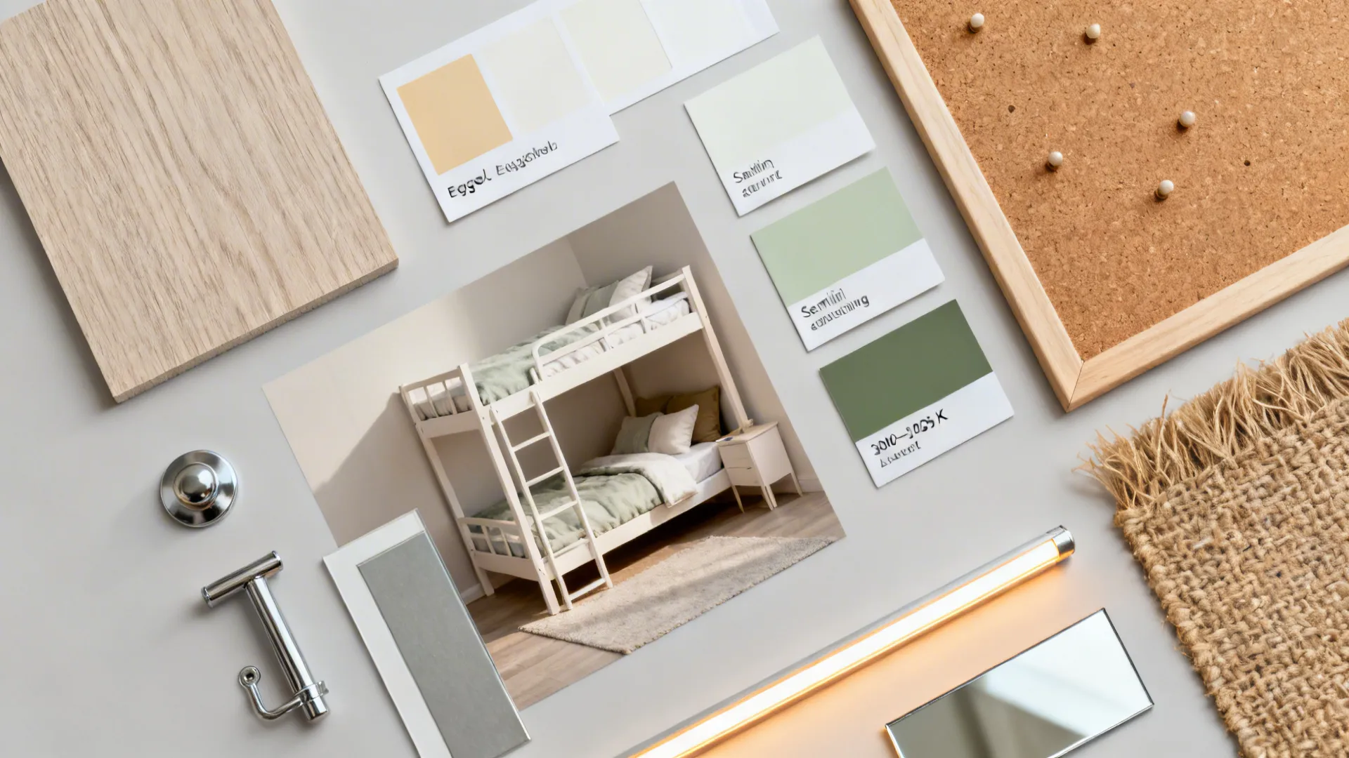 Flat lay of light ash veneer, warm white paints, satin hardware, cork, jute, mirror, and LED strip.