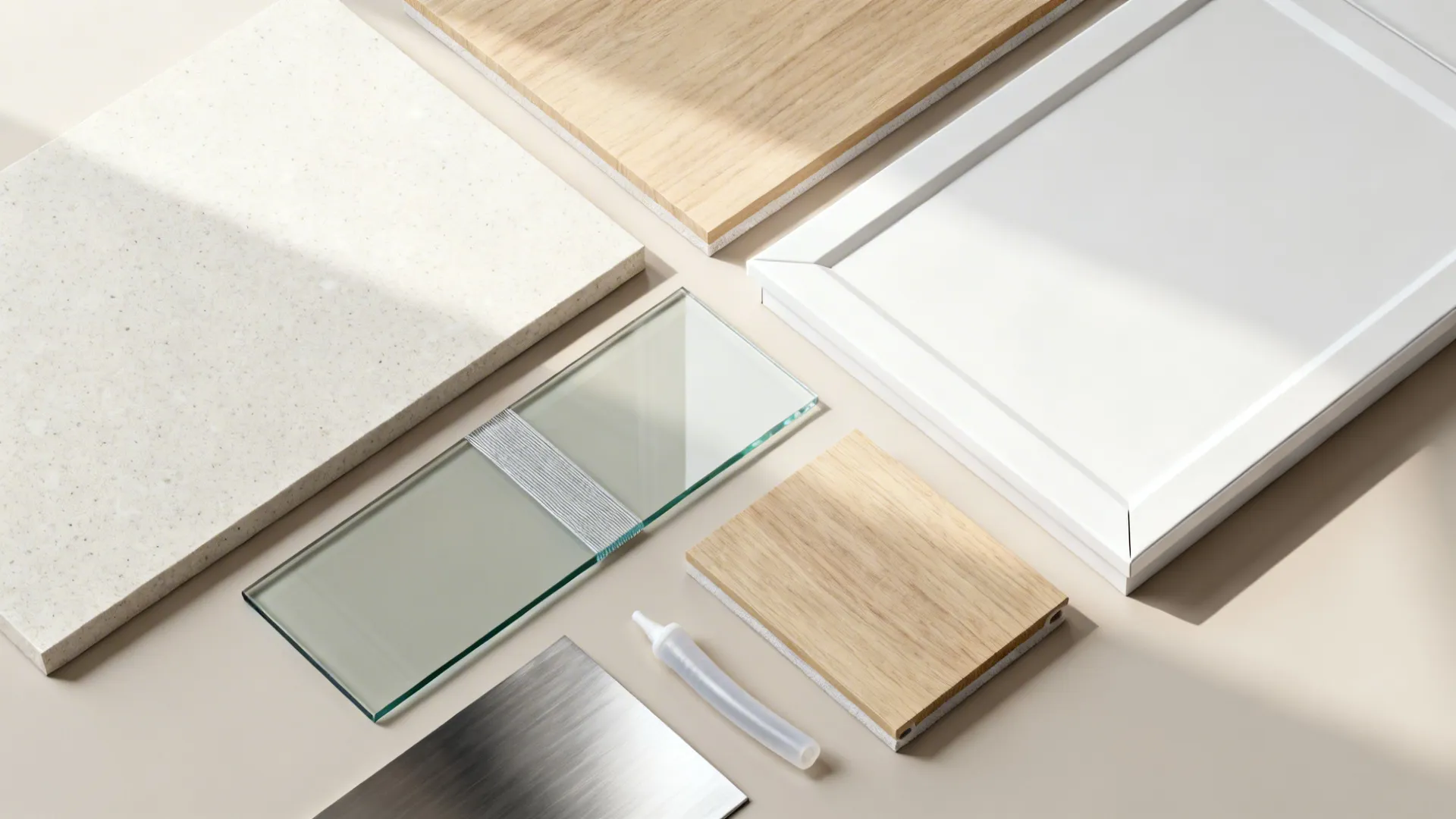Top-down flat lay of pale counter, tempered glass, white matte, and light wood samples.