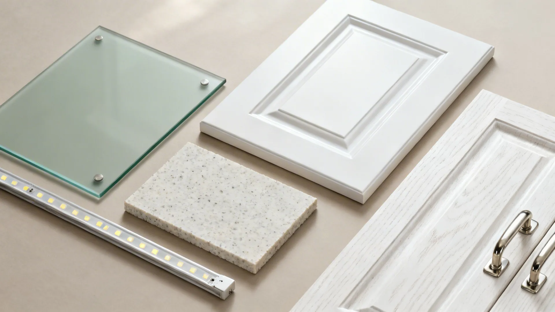 Top-down flat lay of pale green glass, white cabinet, quartz, oak, and nickel hardware.