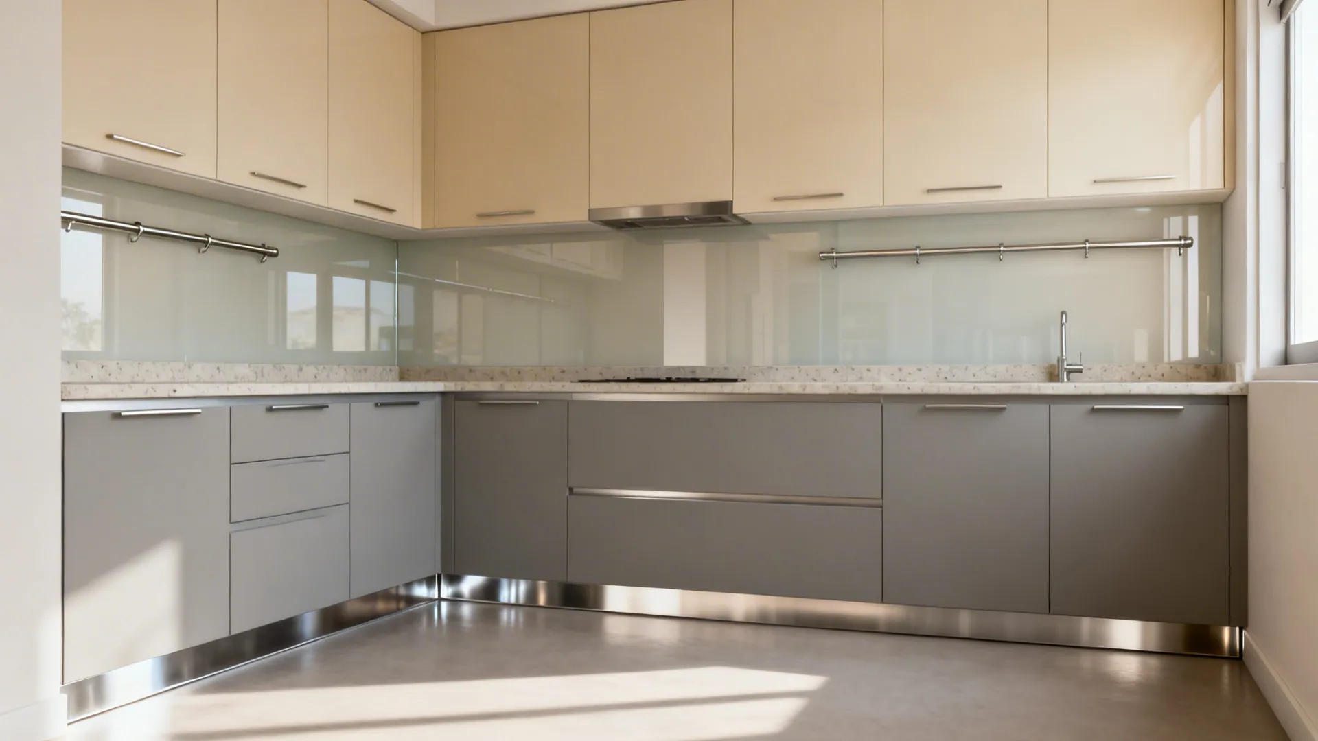 Small Mumbai kitchen with matte light cabinetry and satin glass backsplash reflecting soft daylight.