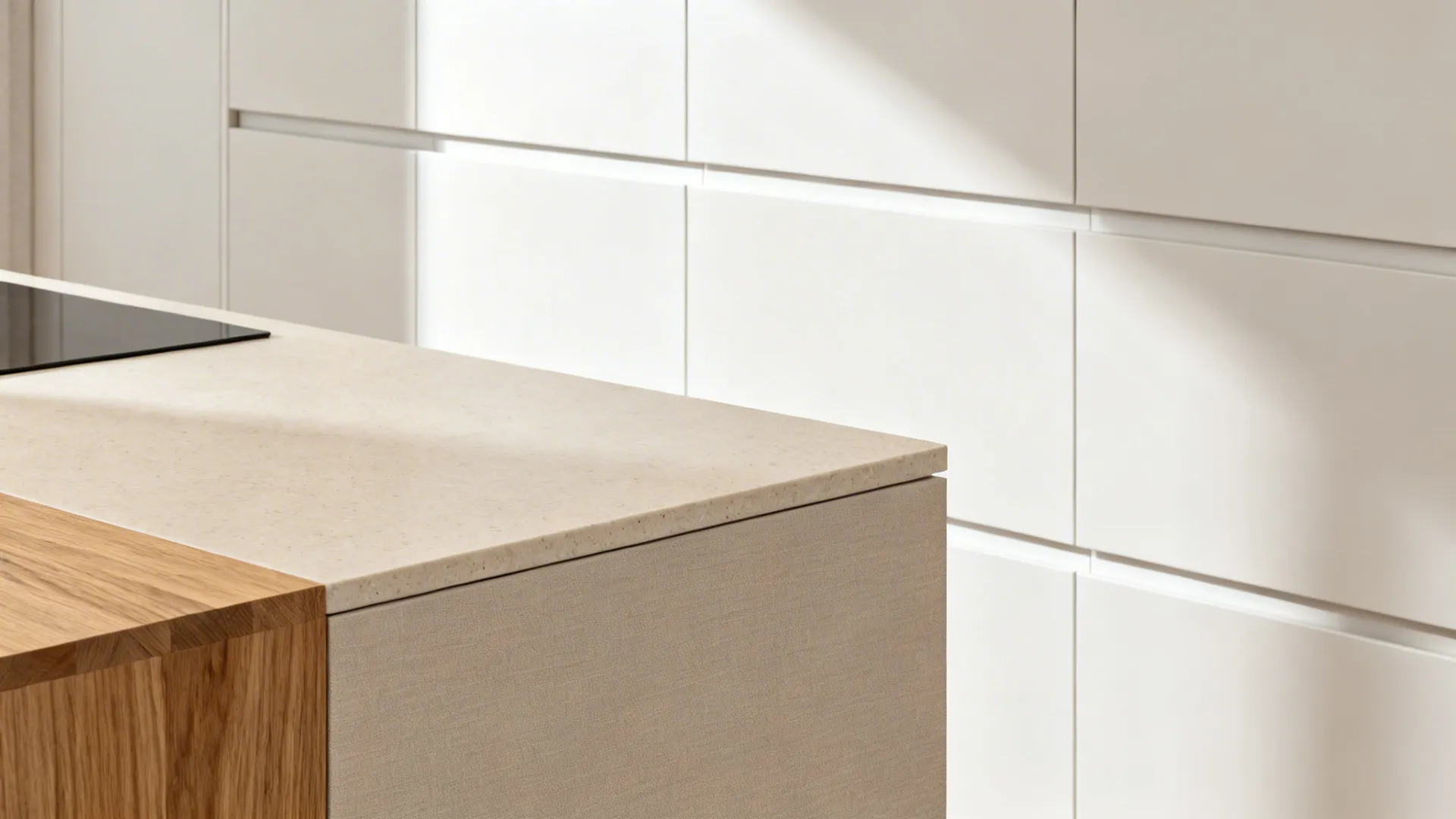 Minimal, light-toned cabinetry with concealed storage