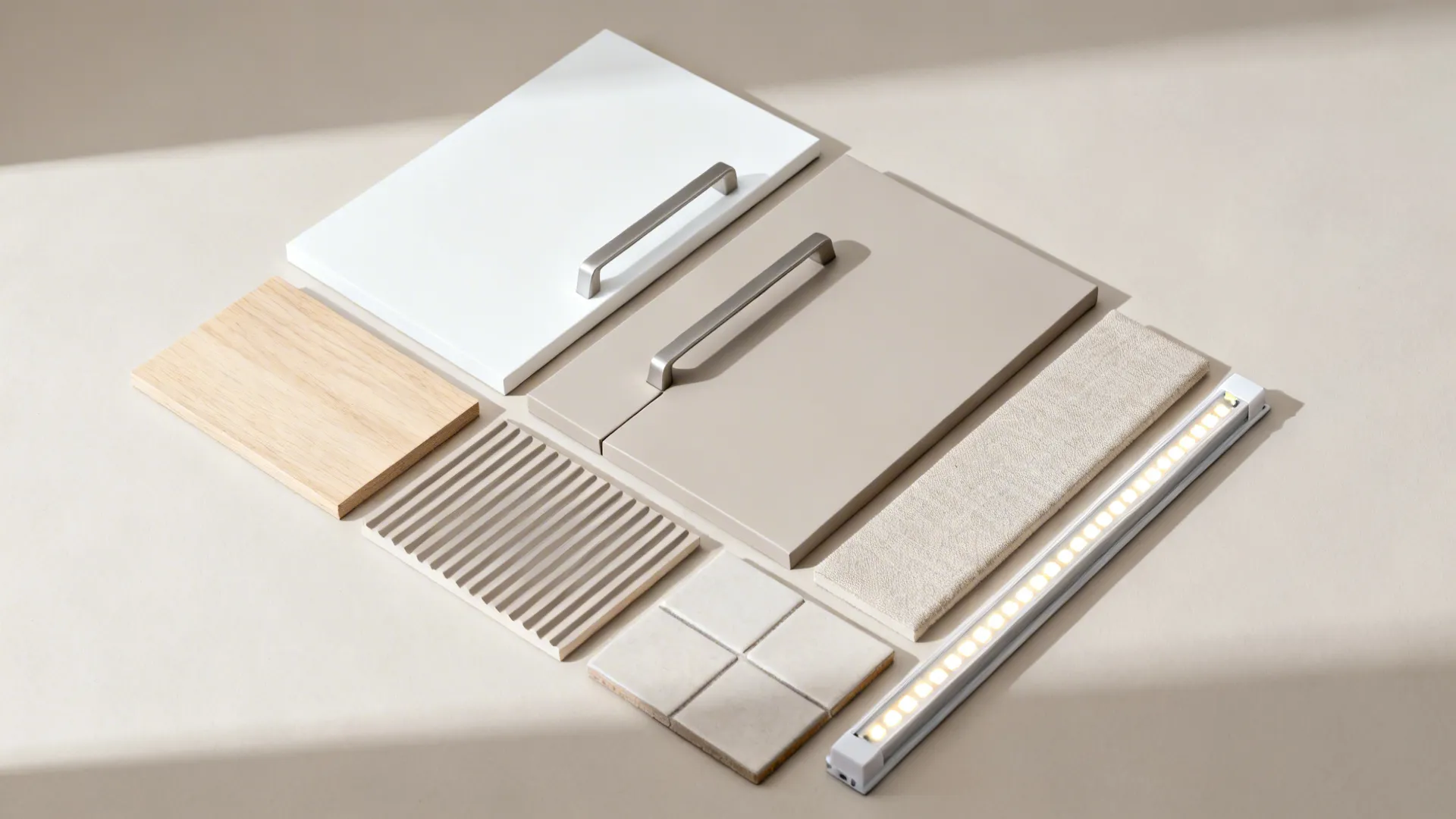 Flat lay of matte white and greige fronts, light wood worktop, ribbed panel, and LED strip for a small kitchen.