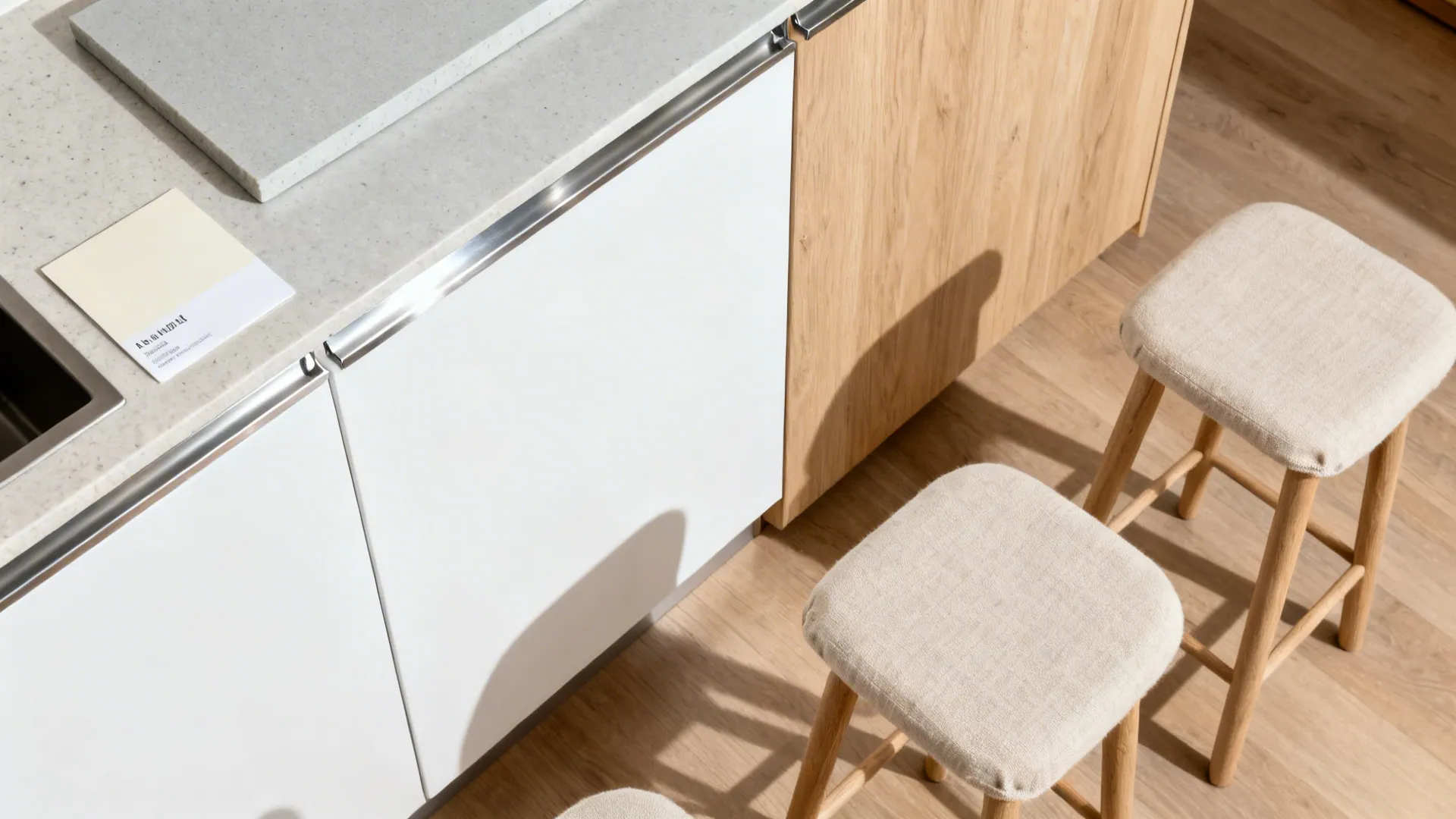 Flat lay of off-white paint, matte quartz, oak veneer, and brushed steel for a light open kitchen palette.