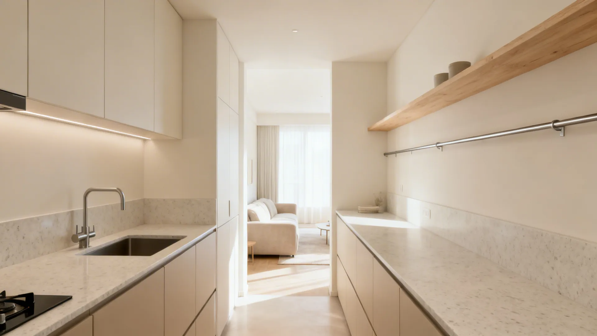 Small open kitchen with warm off-white walls and matte quartz counters creating a calm, airy feel.