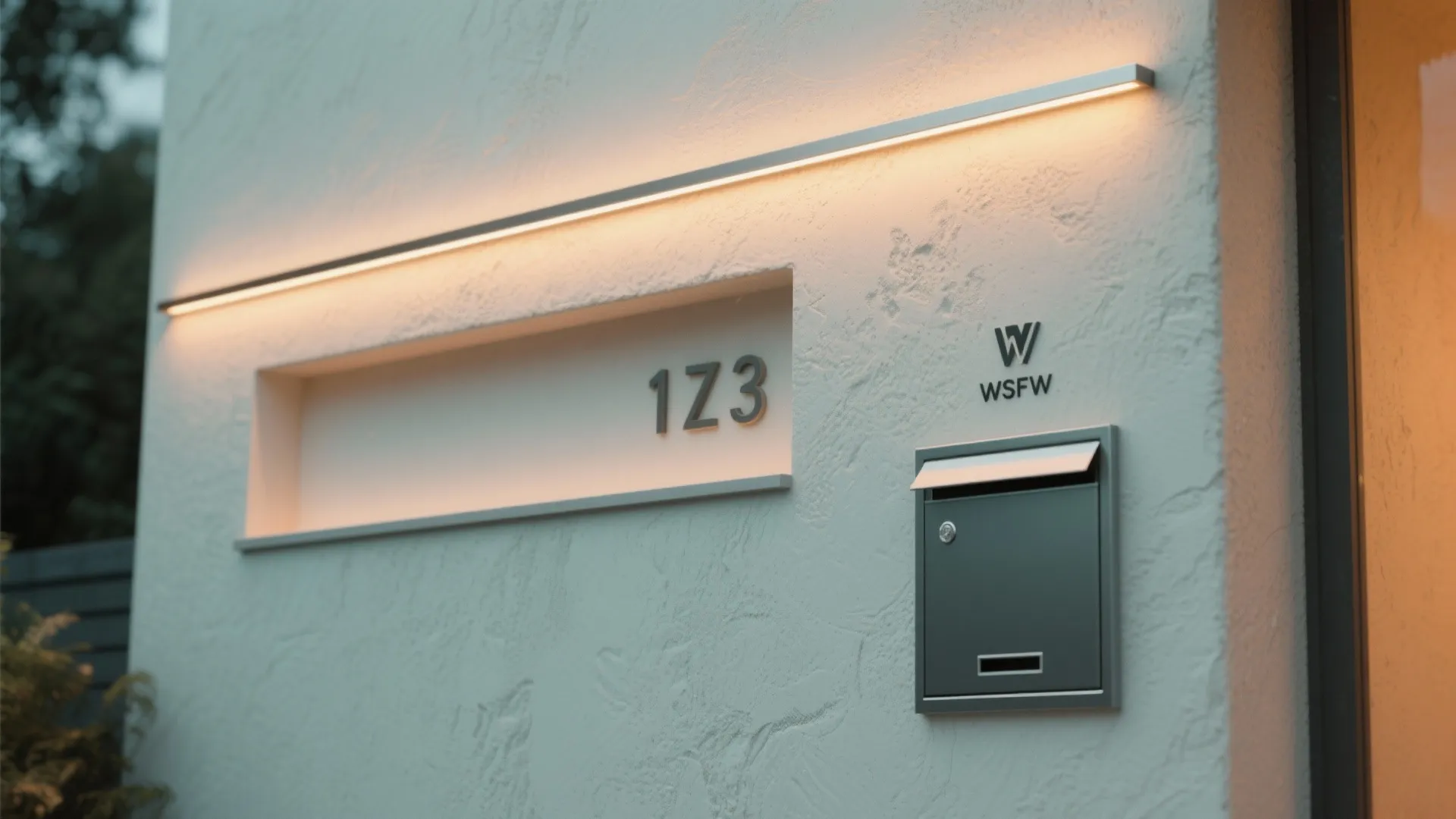 Modern outdoor wall light strip illuminating a house number and grey mailbox on white wall