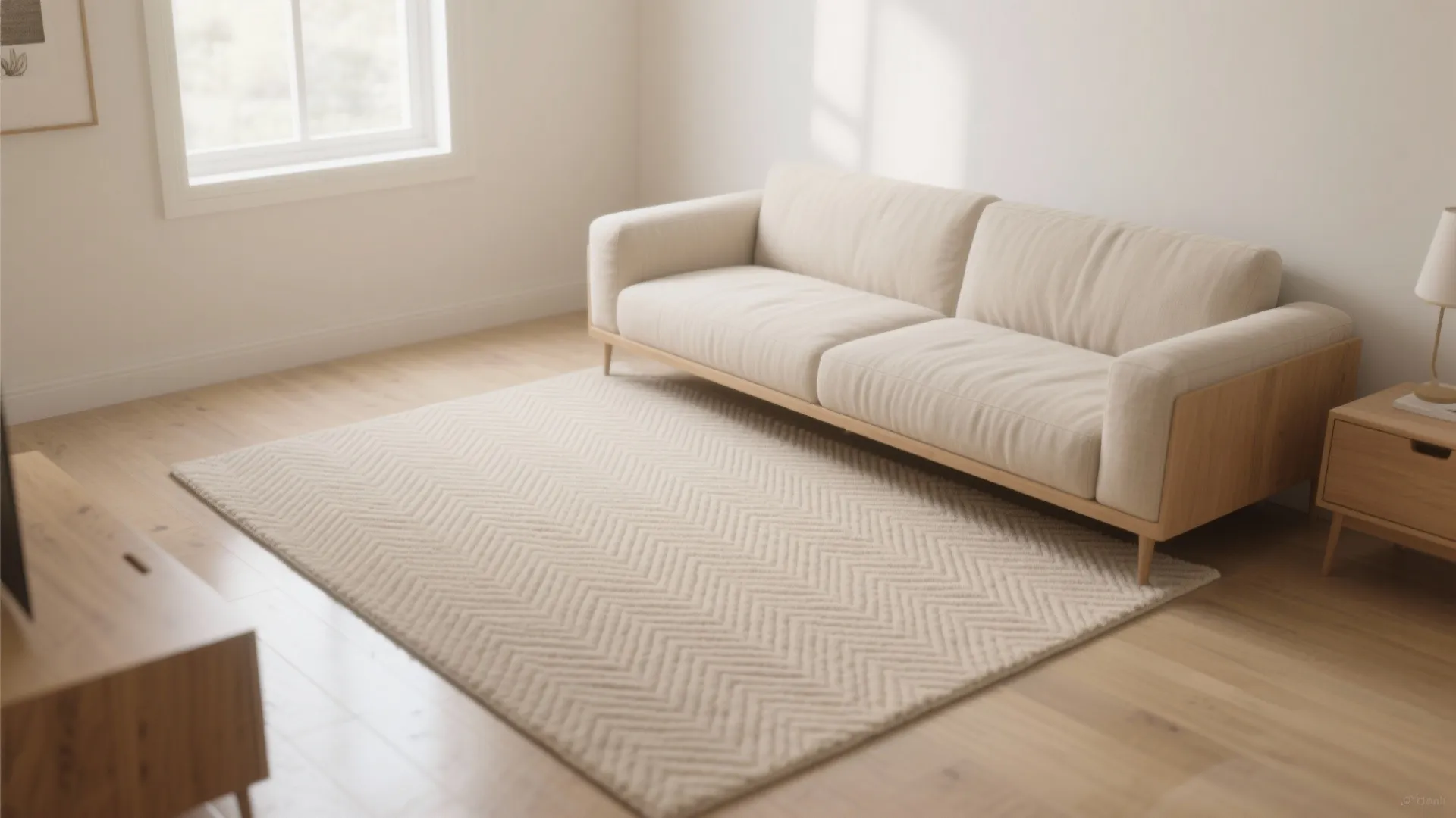 Light neutral rug with a micro herringbone pattern that visually stretches a small living room and reduces contrast.