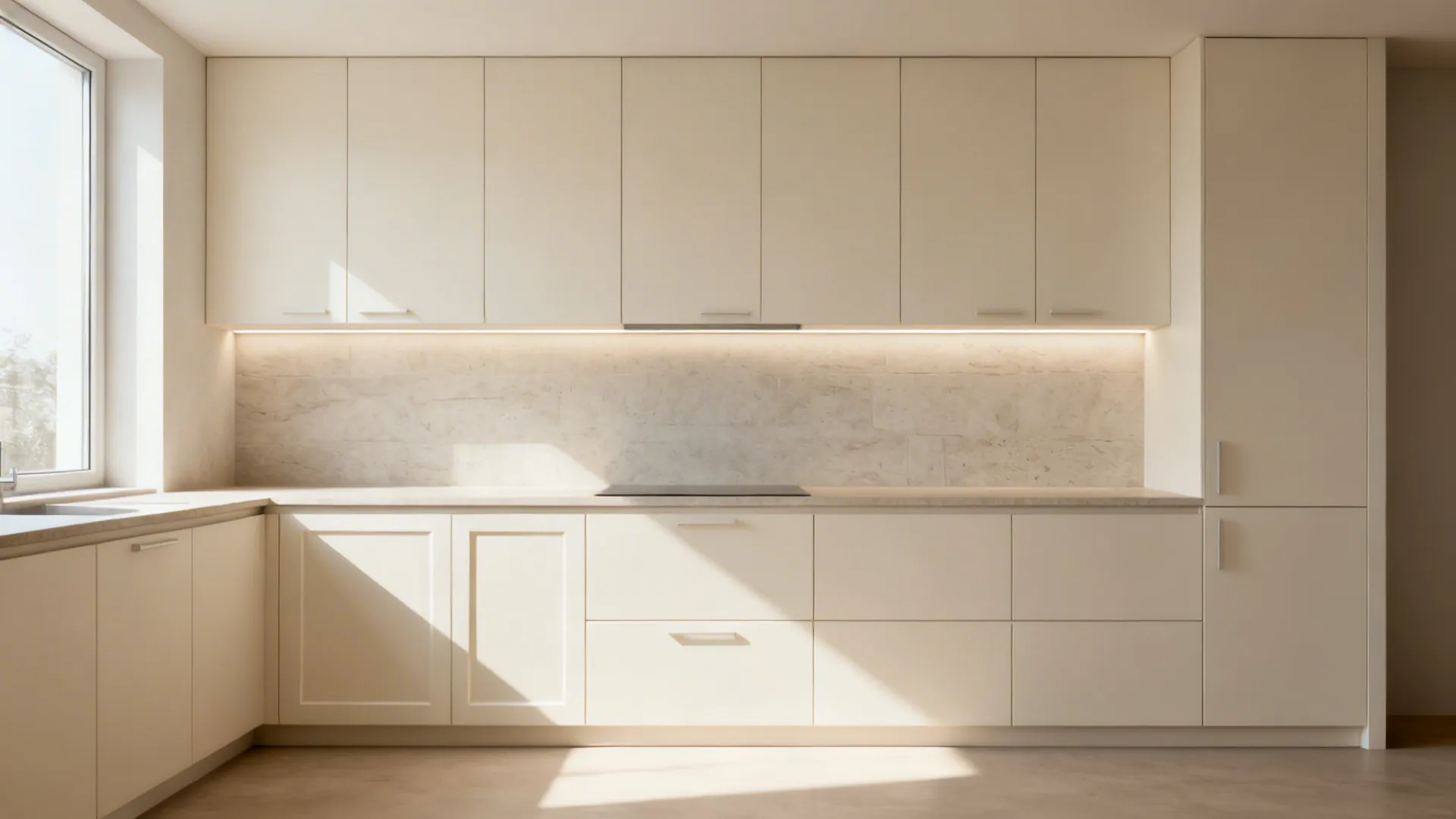 Small kitchen with matte ivory minimal cabinets and warm under-cabinet lighting.