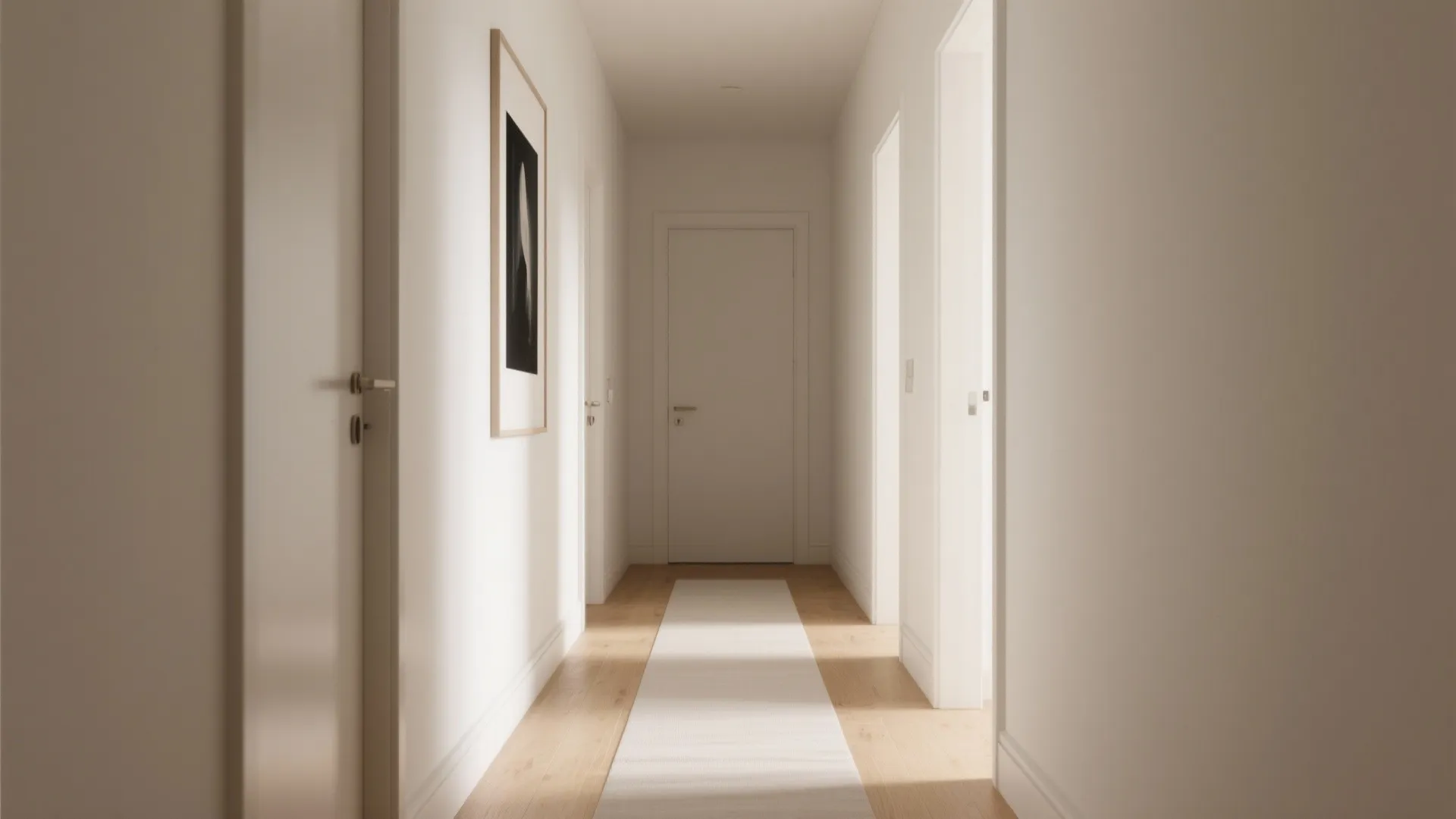 Minimalist white hallway with wooden flooring a long white runner rug and a wall picture