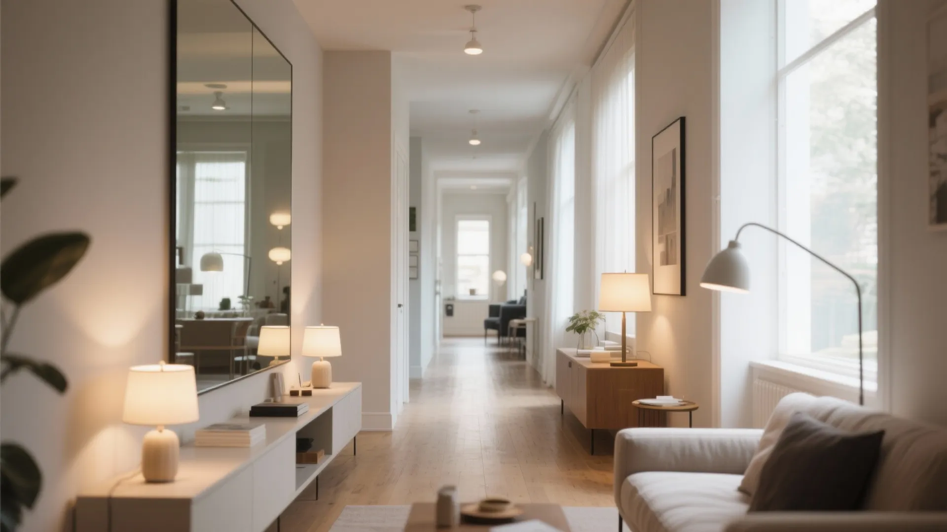 Long narrow hallway with white walls wooden floors large wall mirror many lamps and warm light