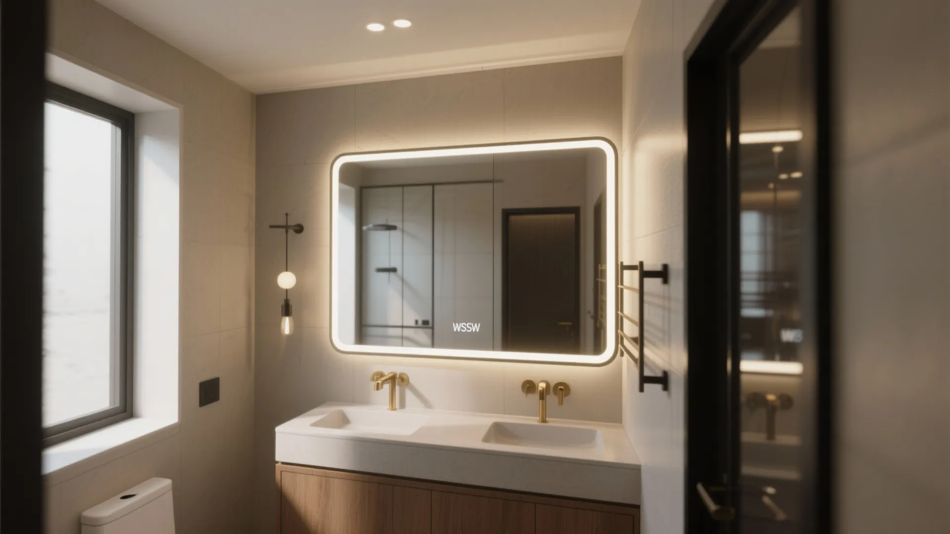 Modern bathroom with double white sinks wooden cabinet large glowing wall mirror and gold water taps
