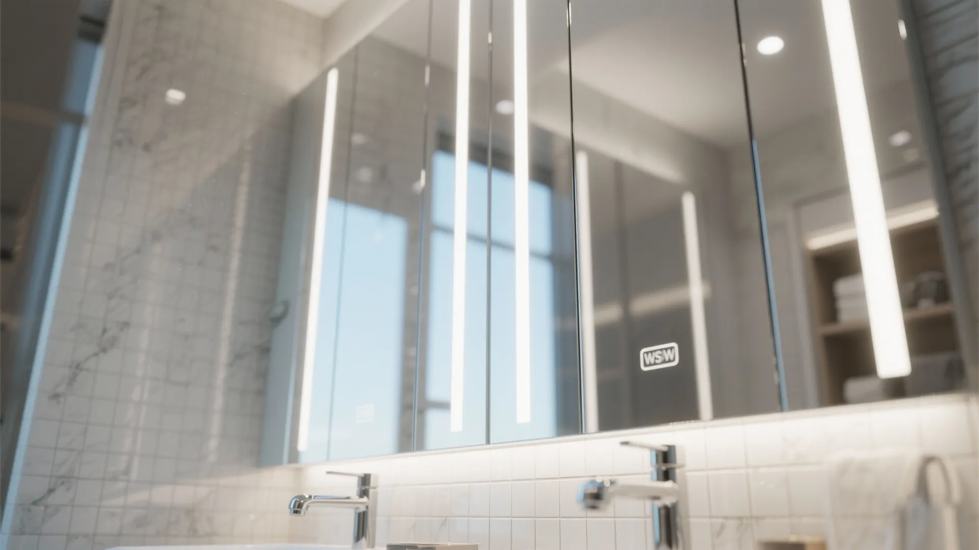 Modern bathroom vanity with lighted mirror cabinet chrome faucets and white tile wall interior design