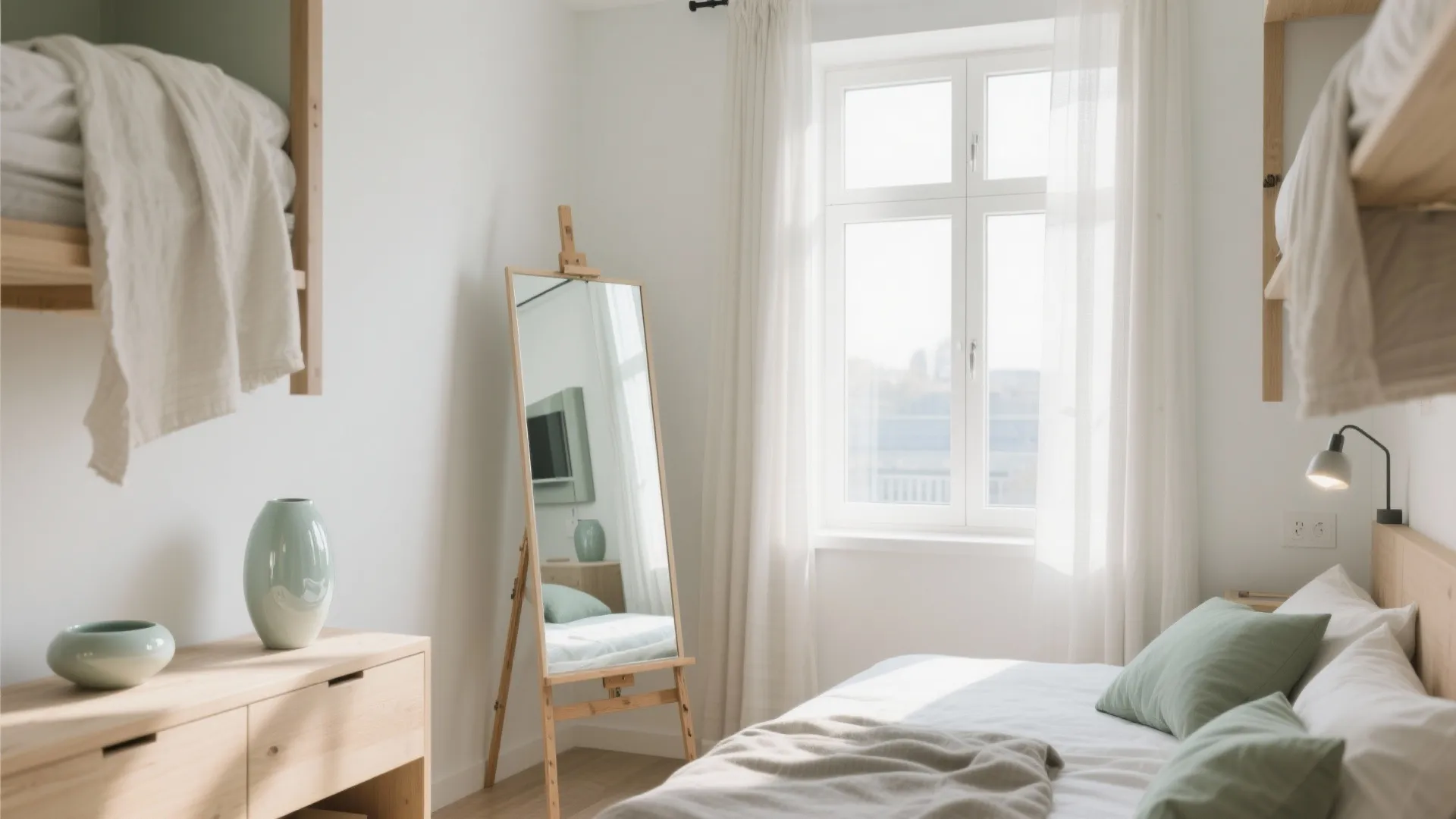 Bright minimalist bedroom with white walls floor mirror light wood cabinet and white window curtain