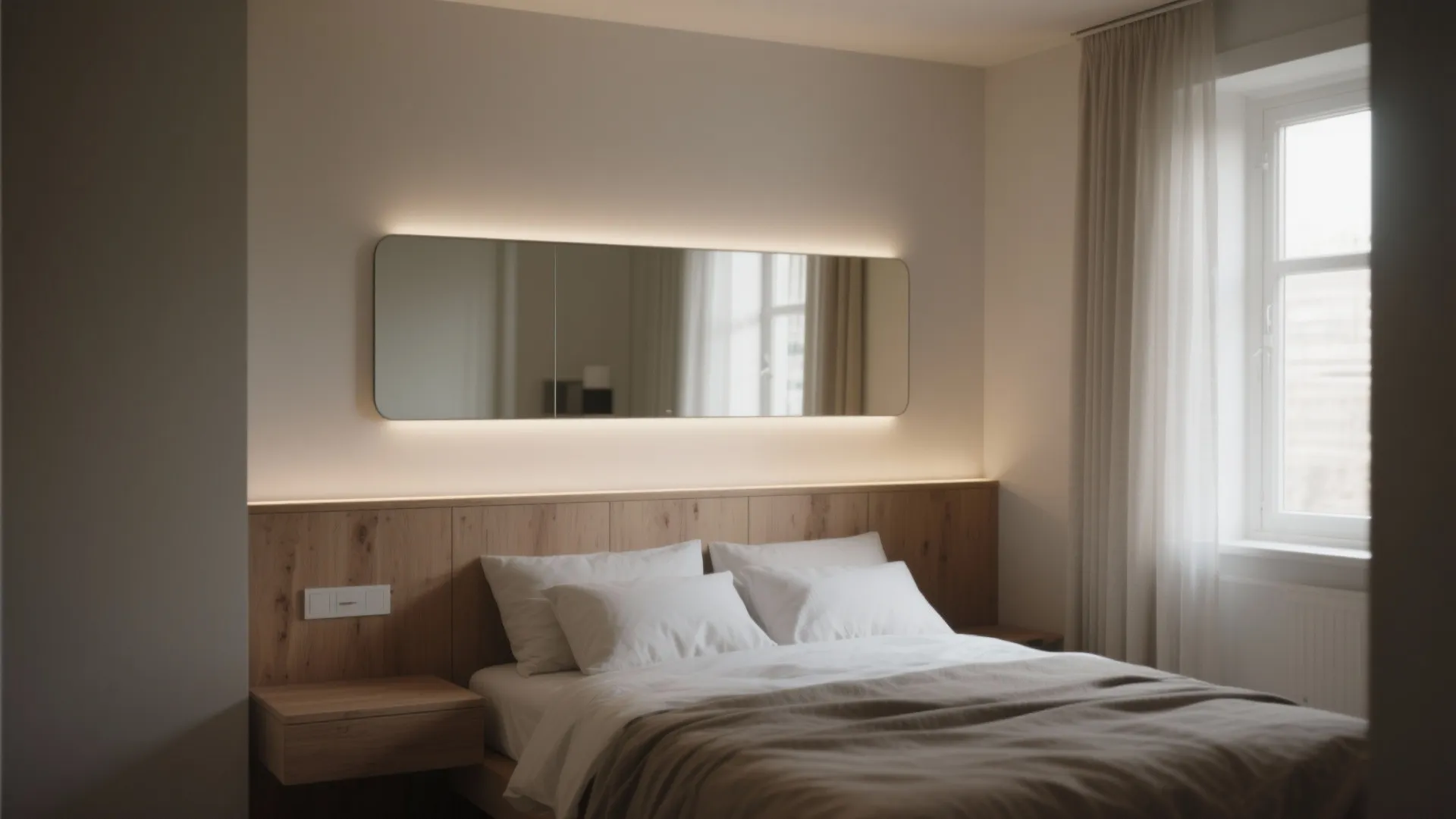 Bedroom with a narrow ledge and mirror above the bed, using light and sightlines to make the space feel larger.