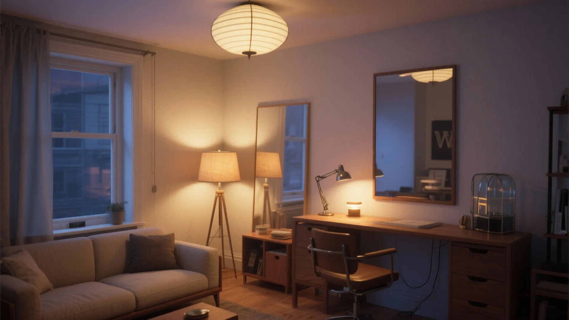 Layered Lighting and Mirrors That Visually Double Space