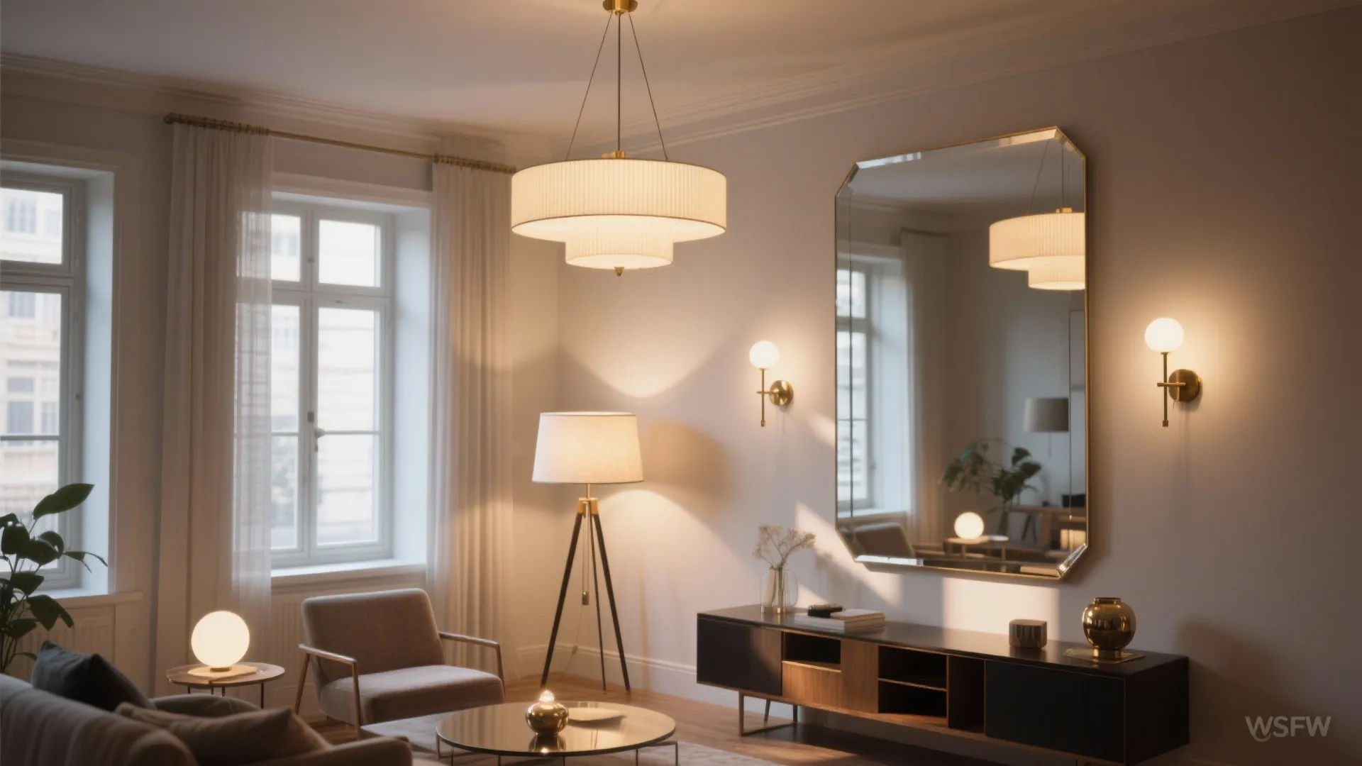 Living room with large wall mirror ceiling light floor lamp wall lights and dark cabinet