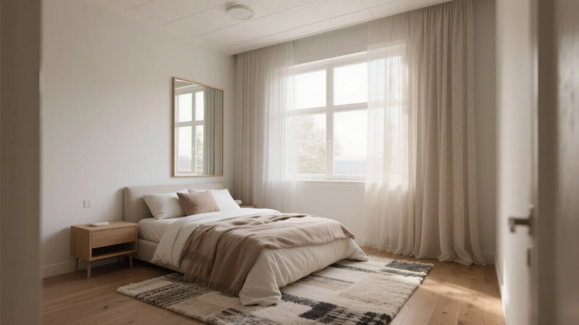 Minimalist bedroom design with beige bed wood side table wall mirror large window and white curtain