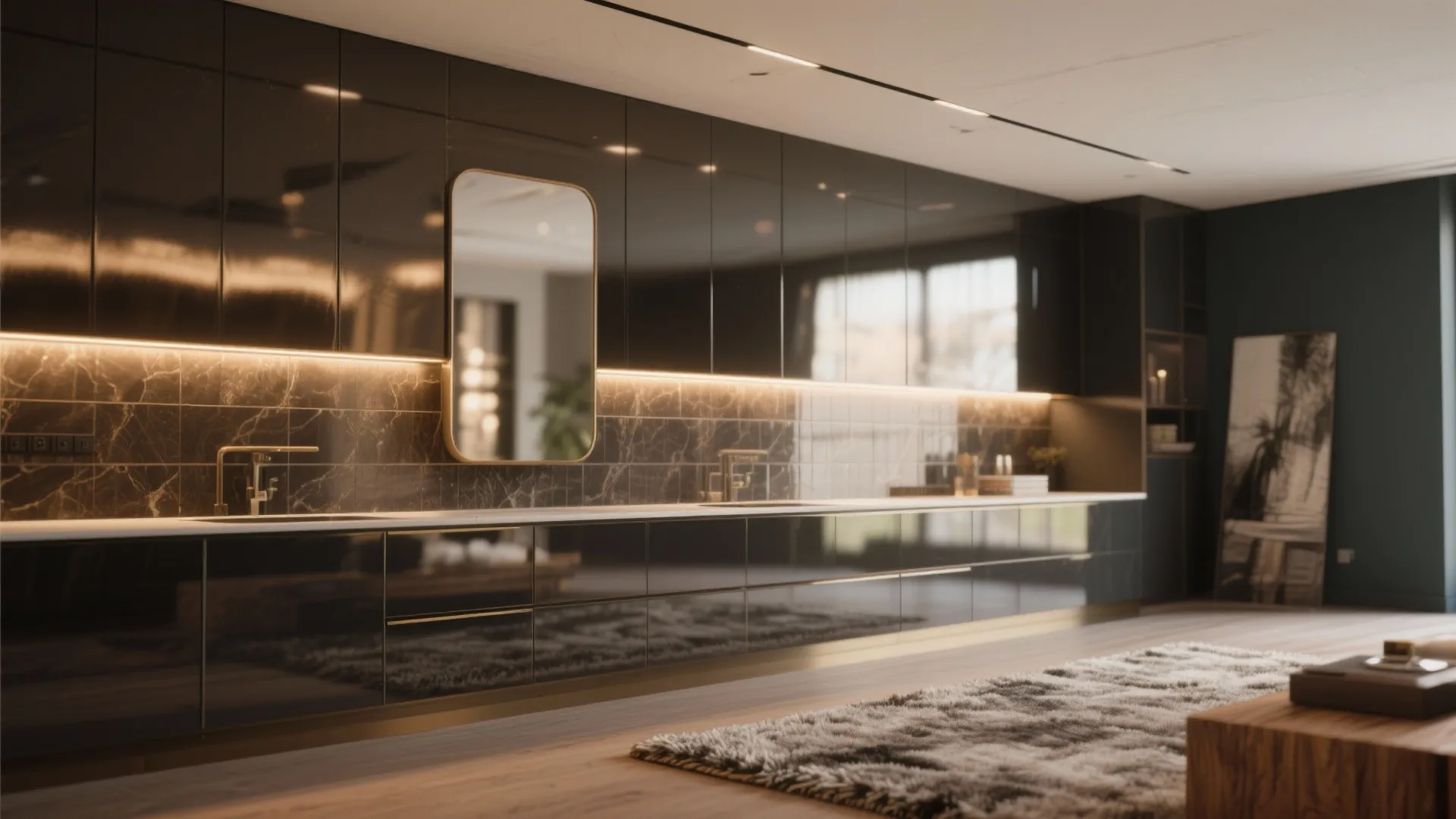 Modern black kitchen featuring glossy cabinets marble wall tile gold mirror warm light grey rug