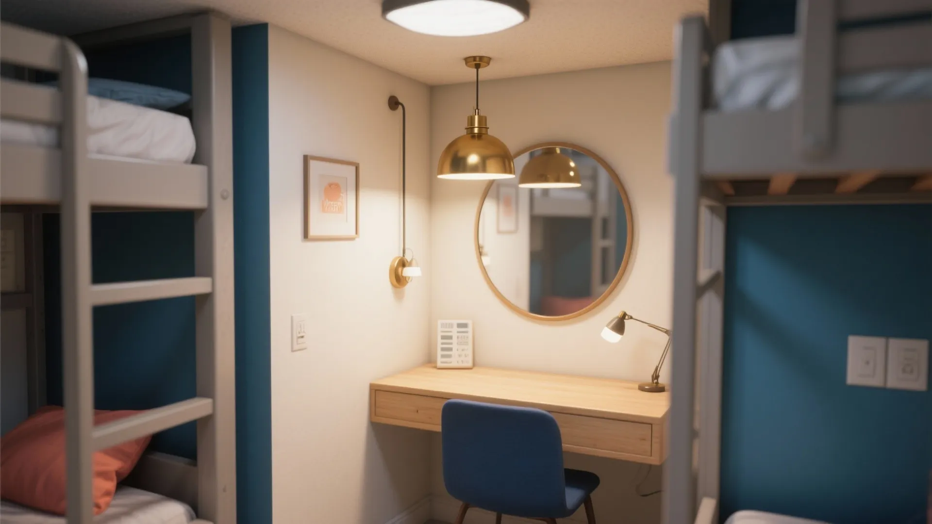 Small study area with wooden desk blue chair round mirror gold ceiling light and bunk beds