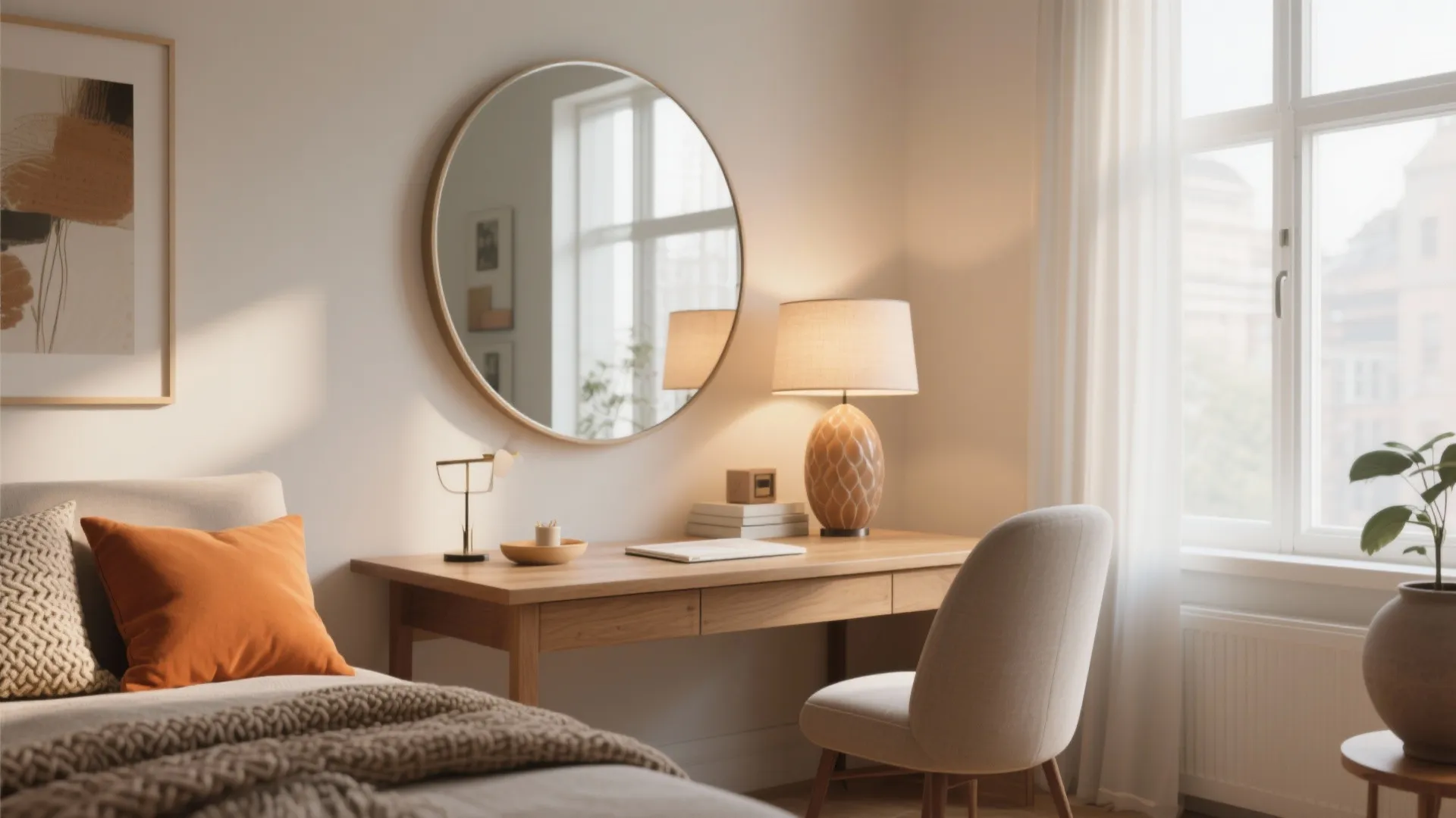 Desk near a window with a large mirror reflecting light, warm accent color, and layered lighting in a small combo space.