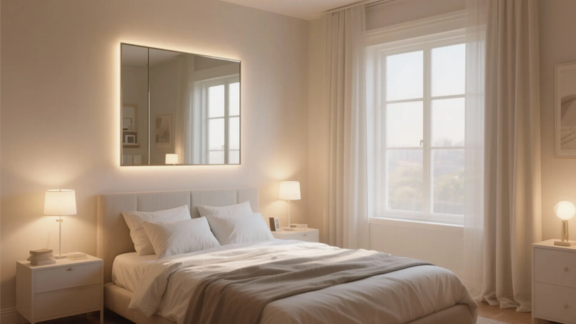 Bright bedroom featuring large backlit mirror above bed with white curtains and warm light fixtures