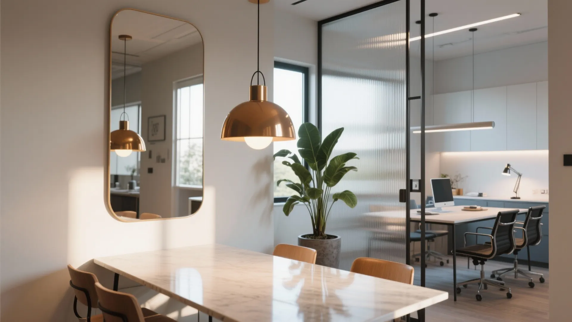 Pendant light and wall mirror reflecting daylight, with a slim rolling room divider and tall plant delineating zones.