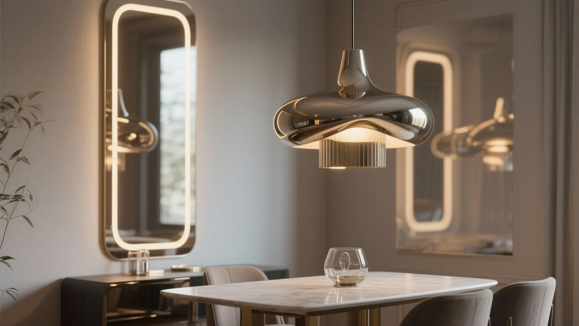 3. Statement Lighting and Mirror Backdrop