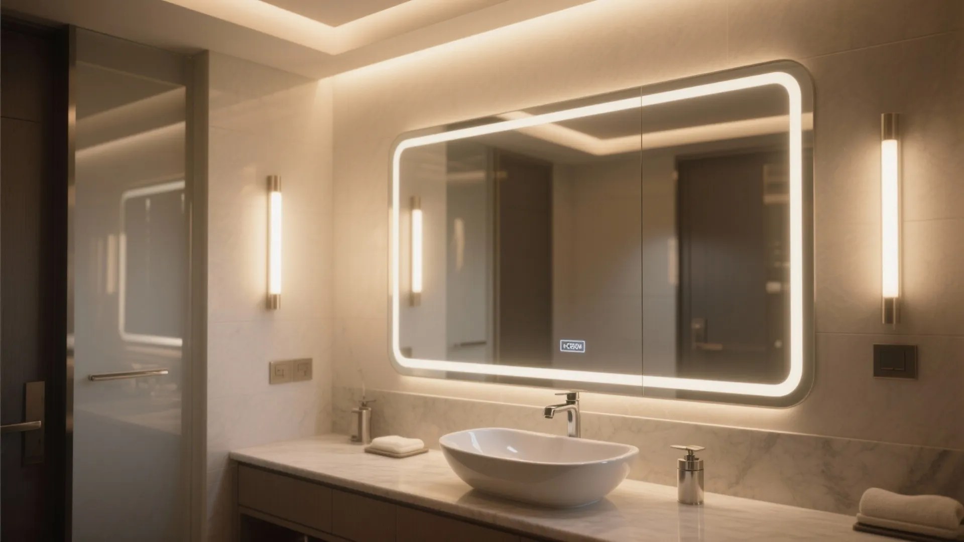 Modern bathroom with a large glowing mirror above a white sink and two wall lights