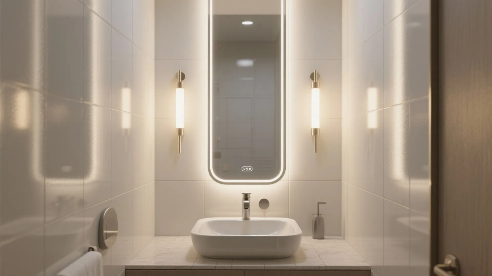 Tall LED mirror, vertical sconces, and satin wall panels make a small bathroom basin feel larger.