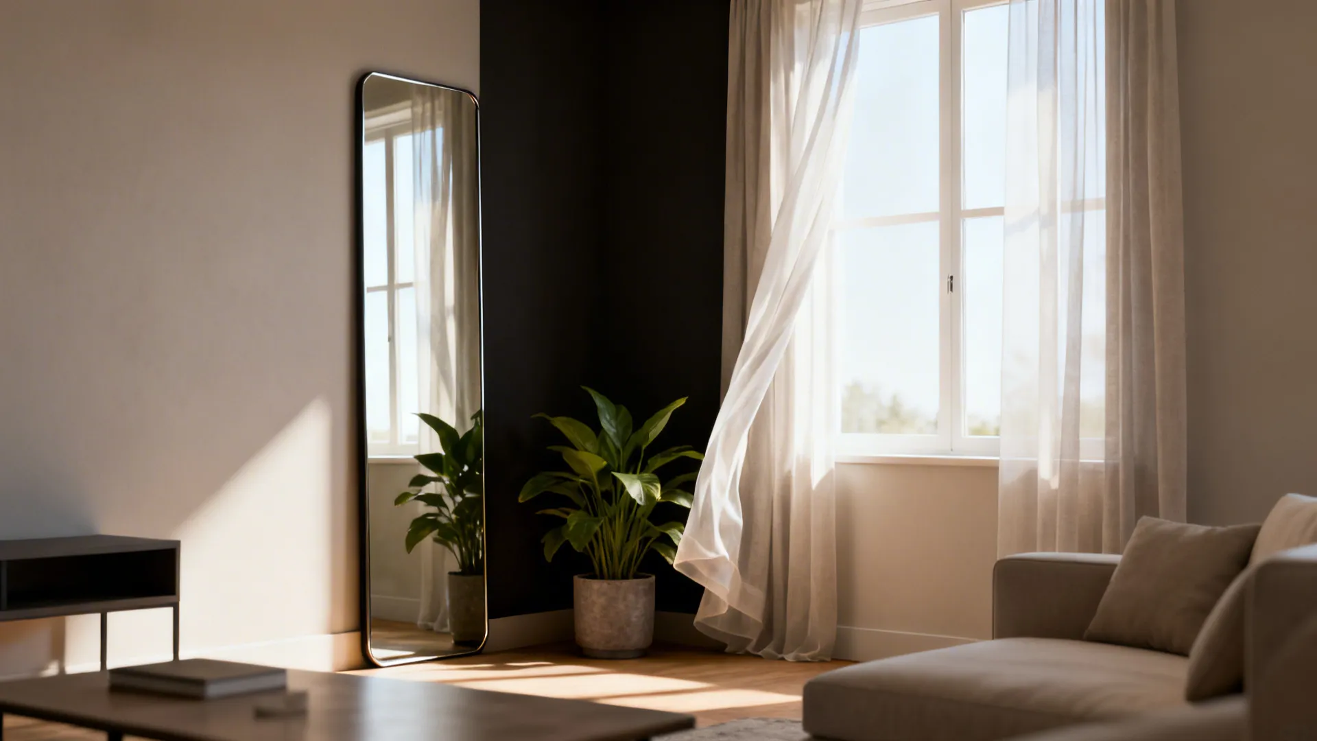 Living room using a slim mirror to reflect natural light into a corner, with sheer curtains and plants.