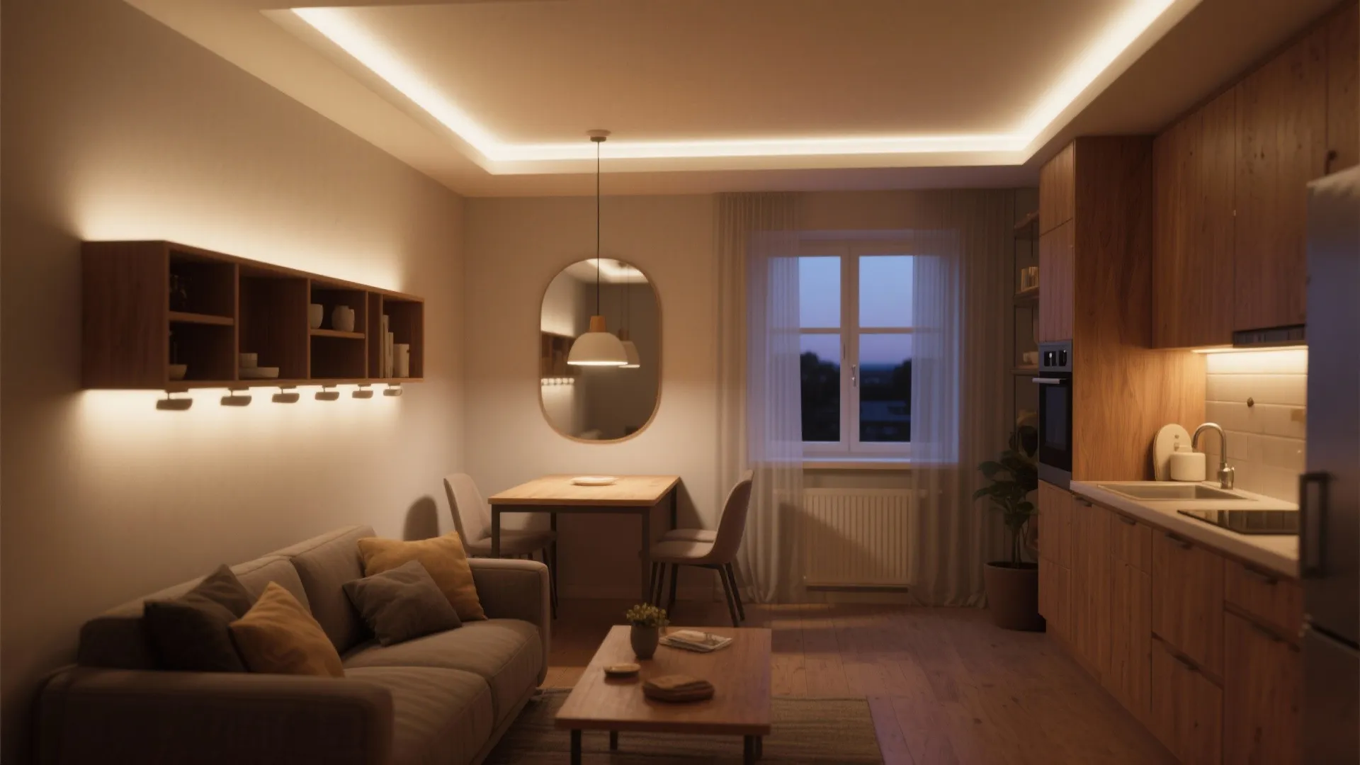 Layered lighting and mirrors to visually expand