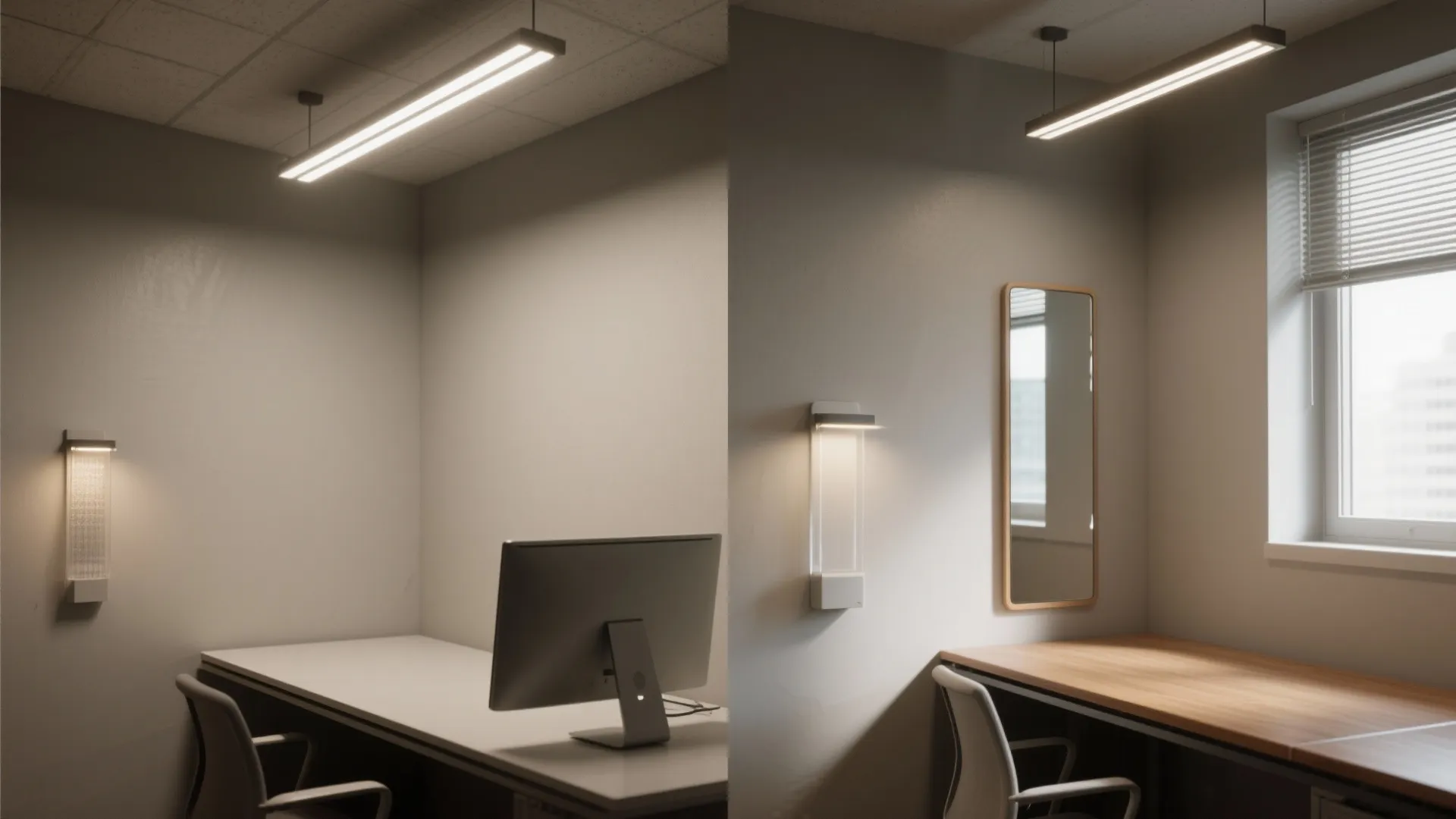 Before and after comparison of office lighting with a wall light mirror and a computer desk