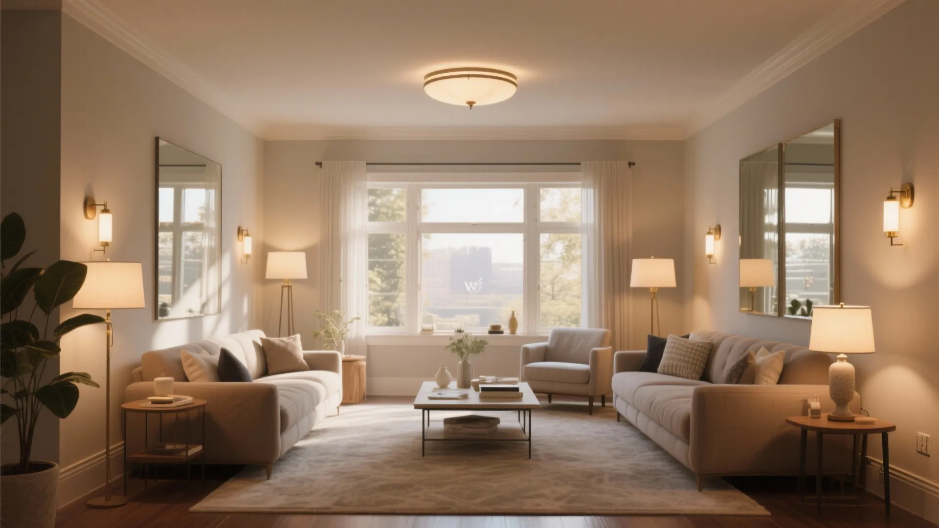 Bright living room featuring two beige sofas large windows white curtains and several warm wall lights