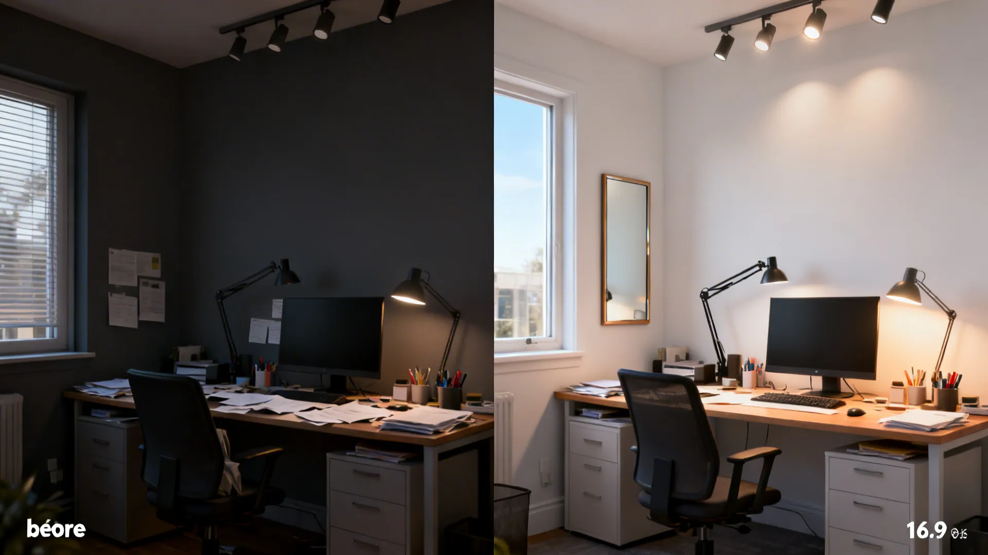 Before and after comparison showing a small office transformed by light, mirror and lighter paint
