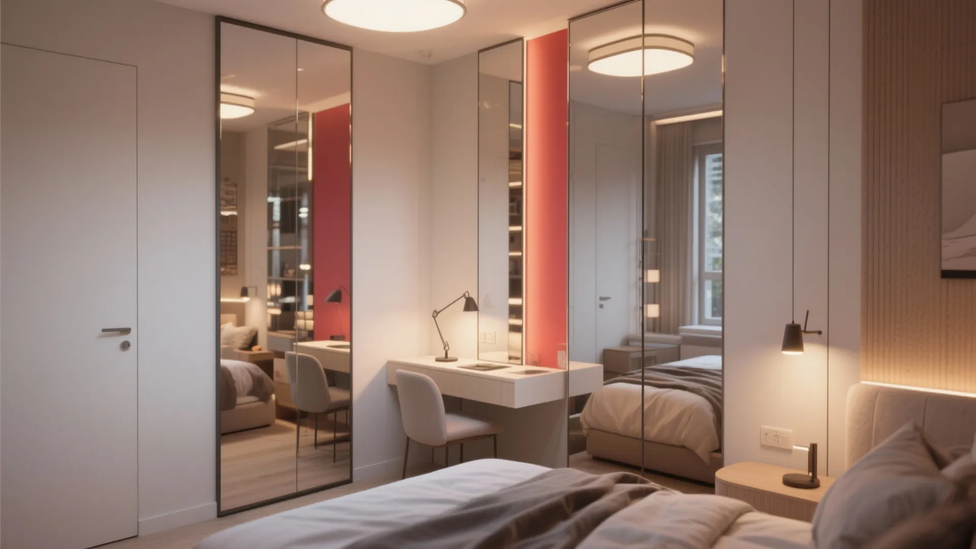 Modern bedroom with large mirrored doors white desk pink wall and bright round ceiling light