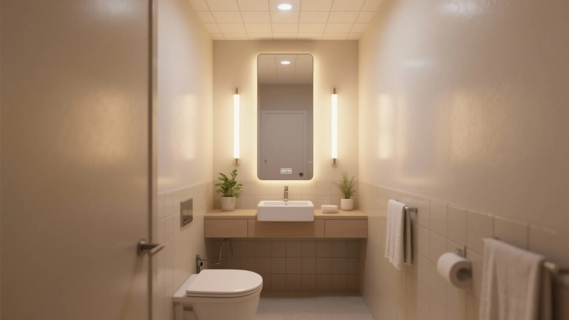 Compact bathroom with a large mirror, backlighting and vertical sconces creating perceived spaciousness.