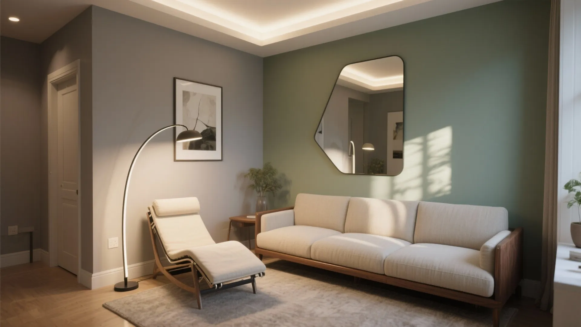 Layered lighting with arc lamp, angled mirror, and sage focal wall around a chaise lounge.