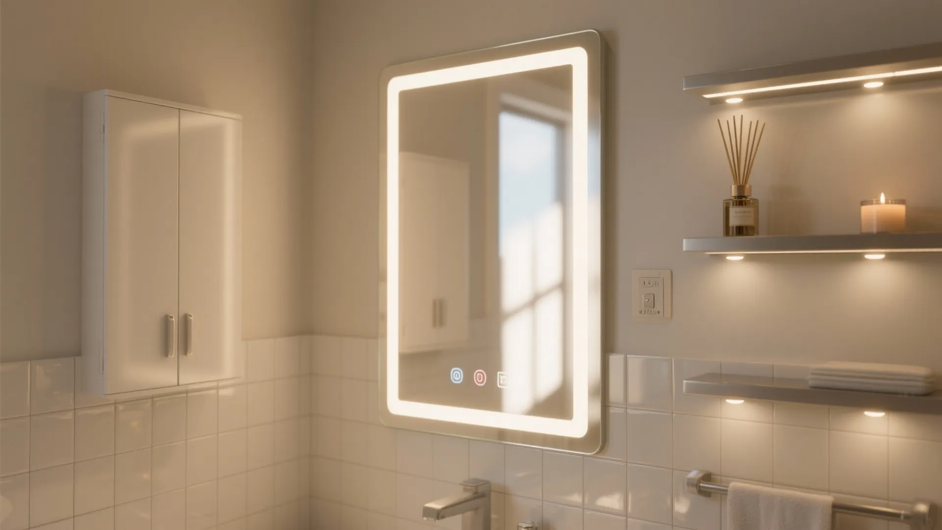 Modern bathroom with a glowing light mirror, white cabinet, wall shelves, and white tiled walls