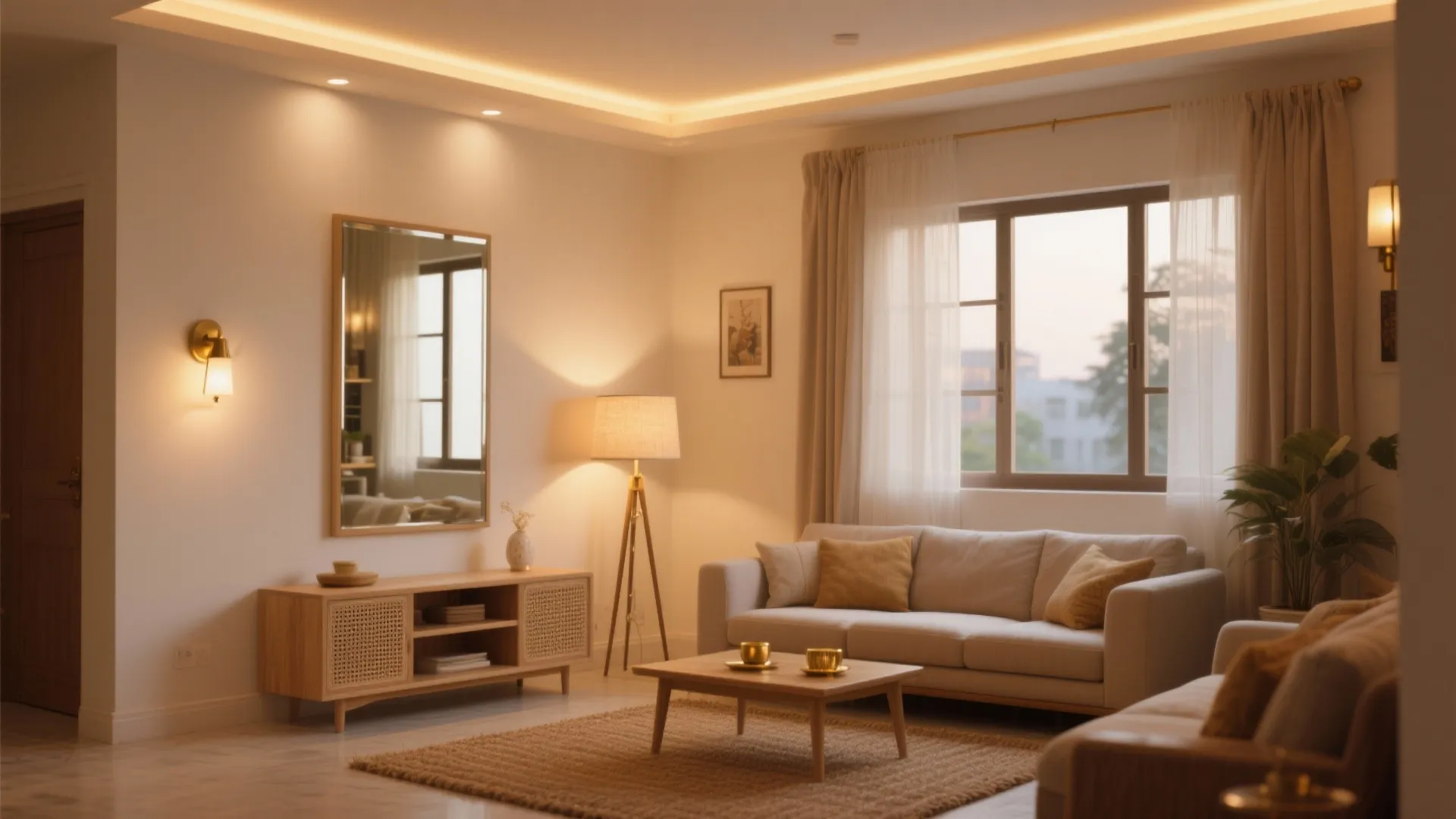 Warm living room with beige sofa wood cabinet floor lamp wall light and a large mirror