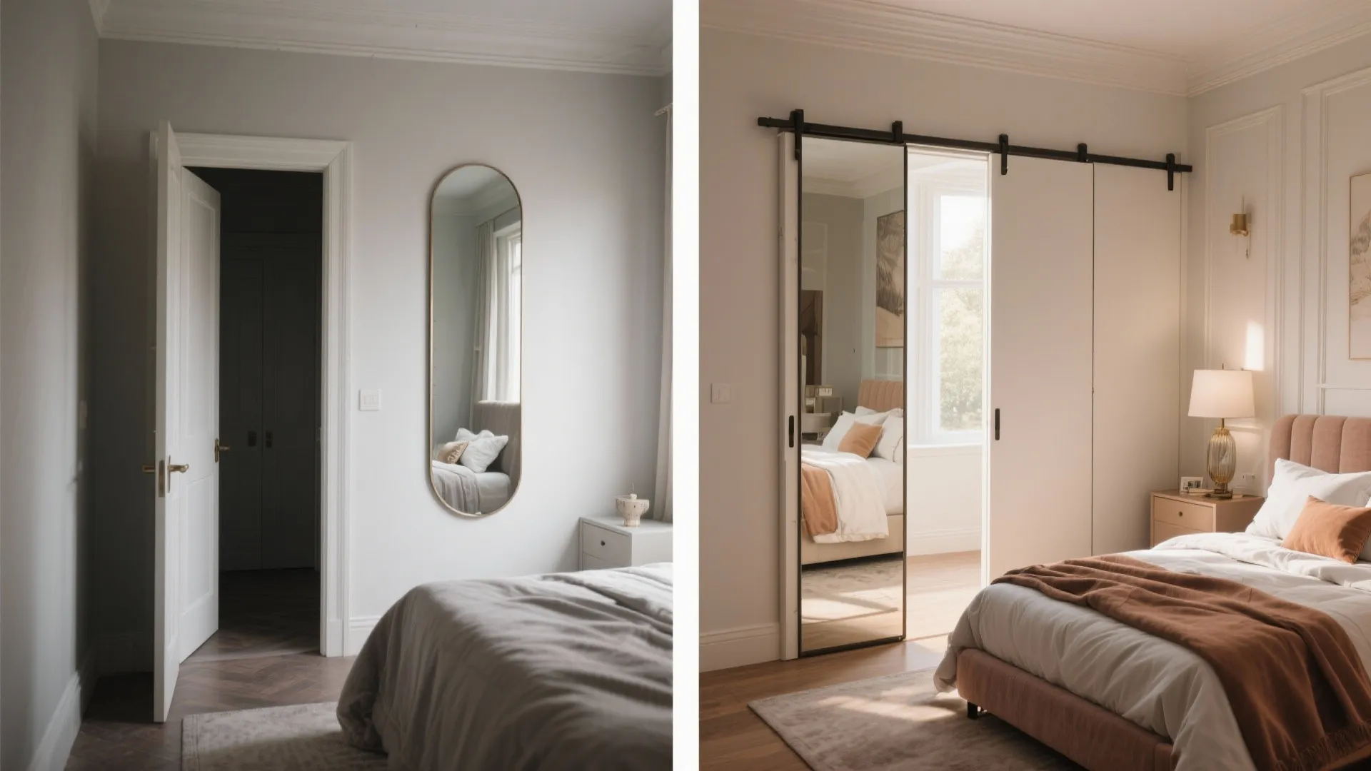 Before and after comparison of small oval wall mirror versus a large sliding mirror door