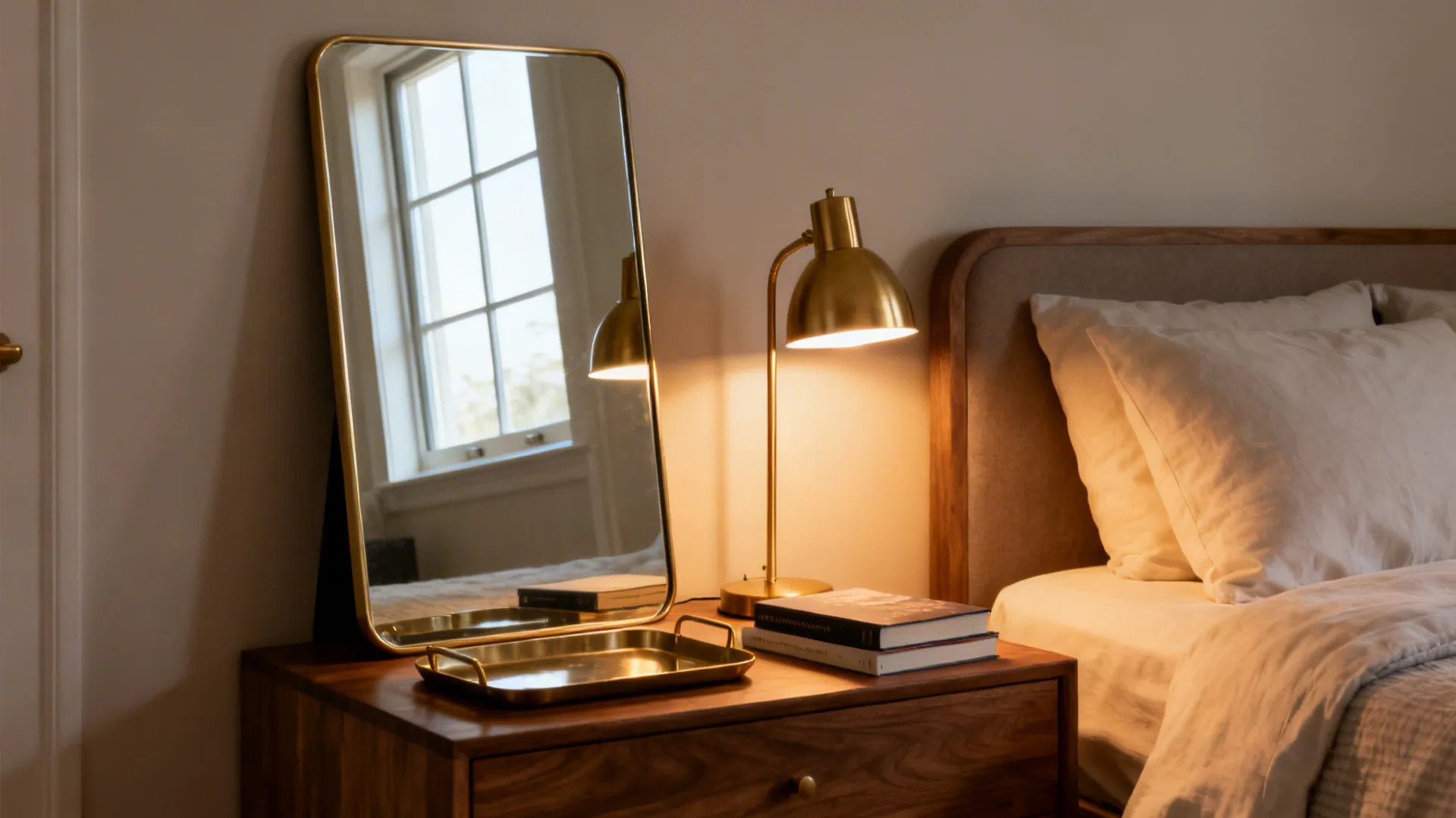 Wooden bedside table with gold mirror gold lamp gold tray and books by a bed