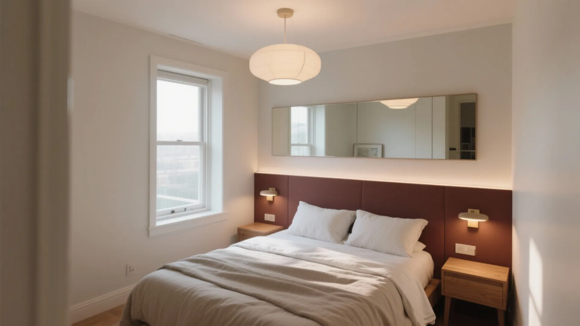 Modern cozy bedroom featuring brown wall panel white bedding large mirror wall light and ceiling light