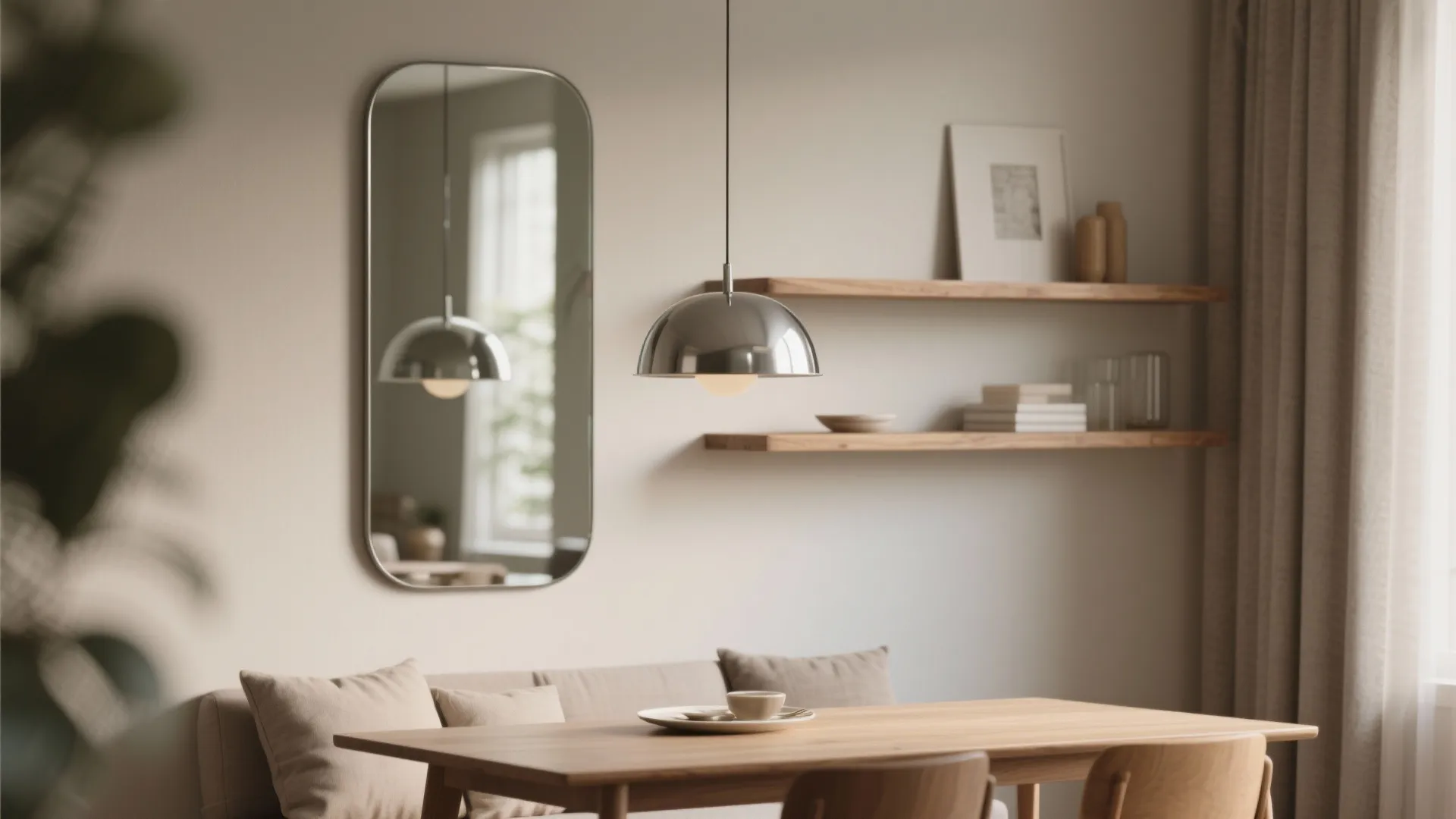 Silver ceiling light over a wooden dining table with a wall mirror and two shelves