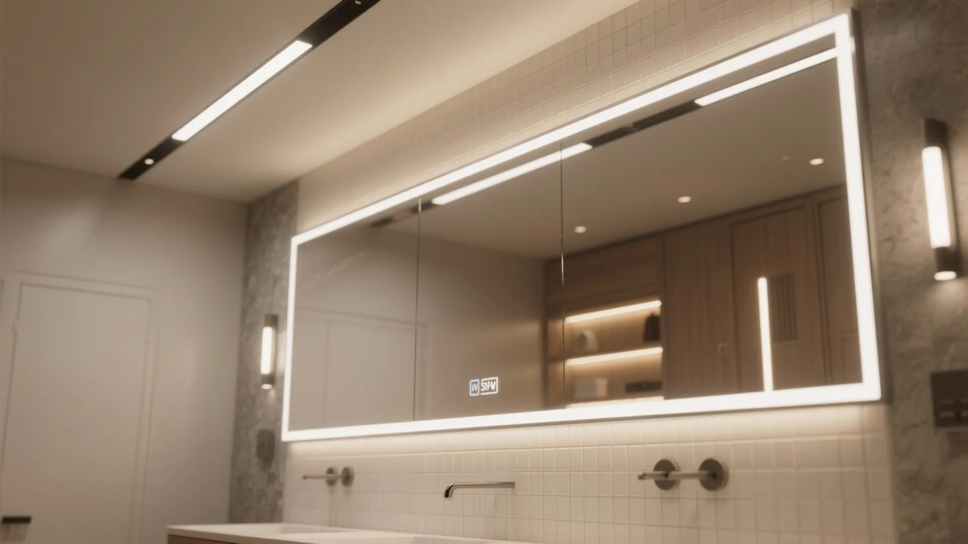 LED-backlit horizontal mirror, recessed niche lighting and smart mirror features amplifying a small bathroom
